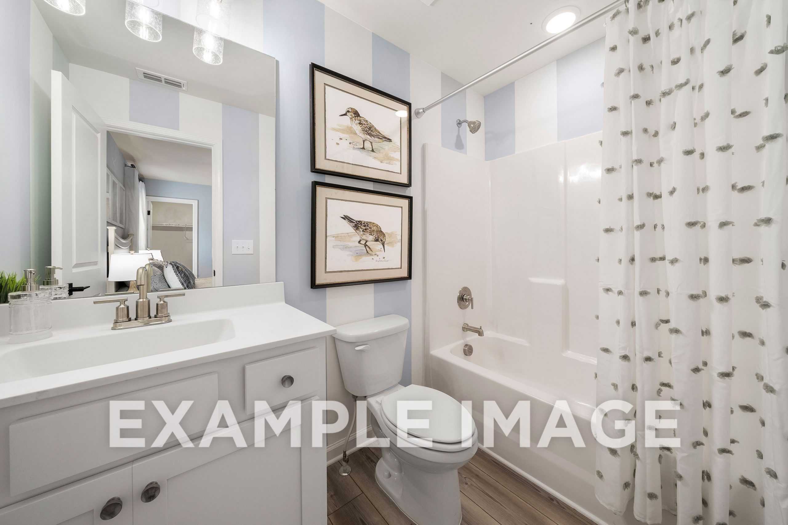 Bright bathroom in The Hickory A with blue striped walls, white vanity, soaking tub, and bird artwork