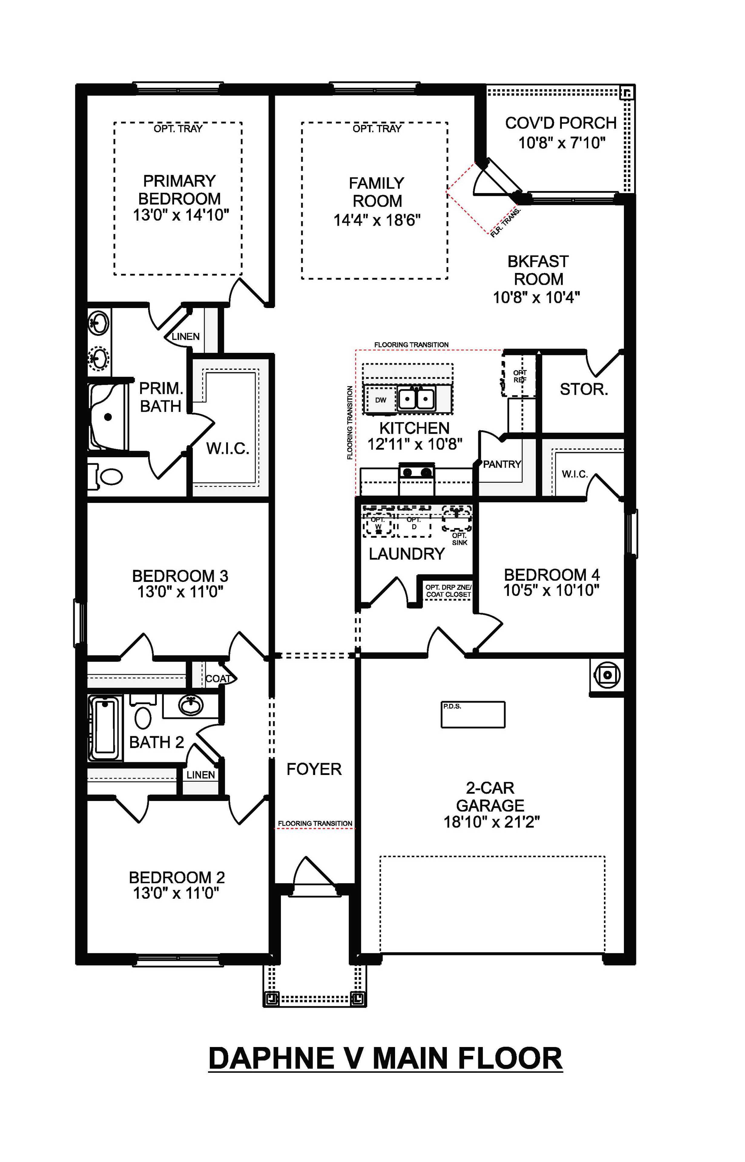 The Daphne V floor plan: 4-bedroom single-story layout with master suite, open kitchen, family room, 2 baths, 2-car garage