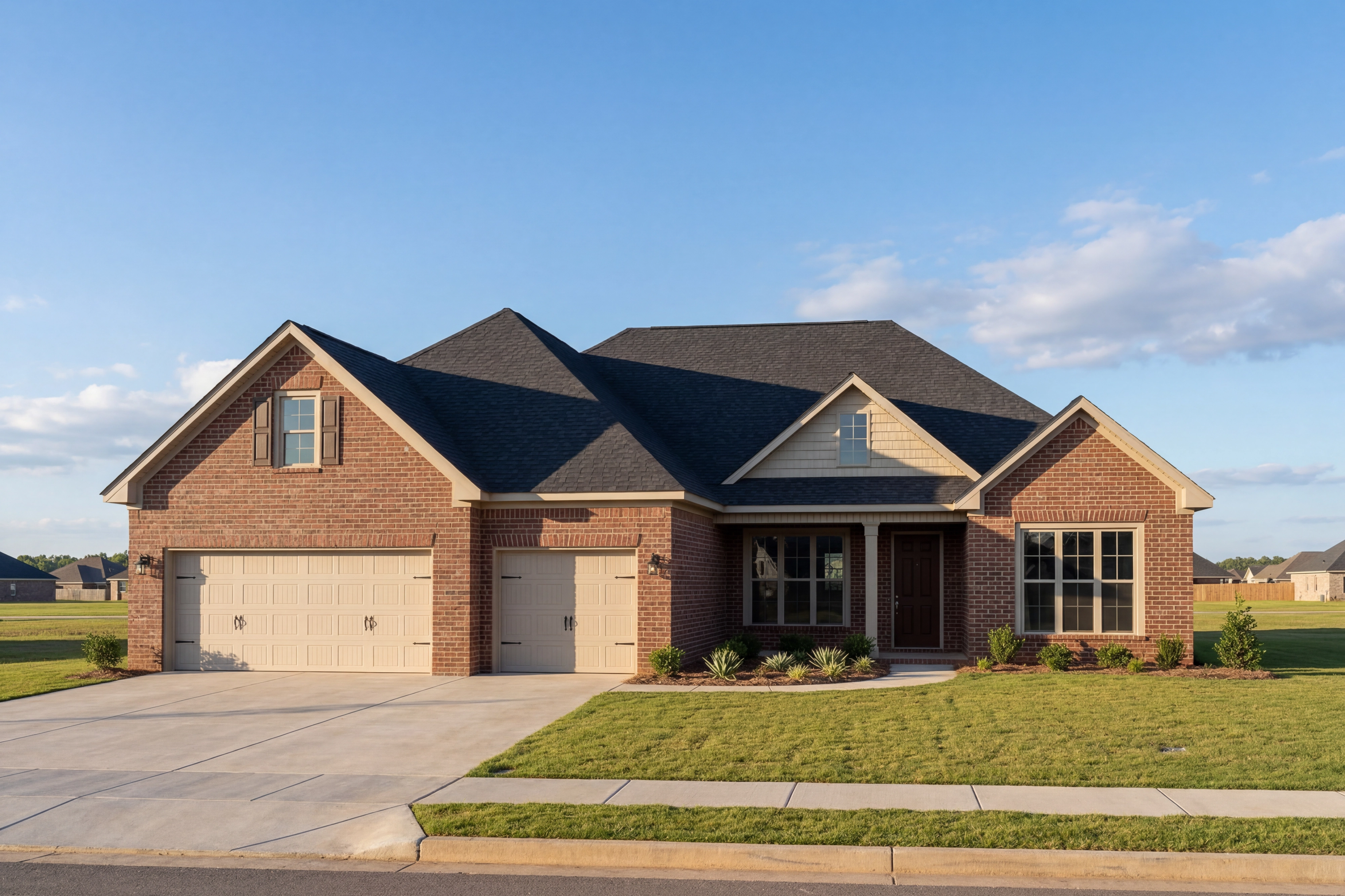 Two-story brick facade of The Finleigh home with dark gabled roof, three-car garage, and landscaped yard in Meridianville