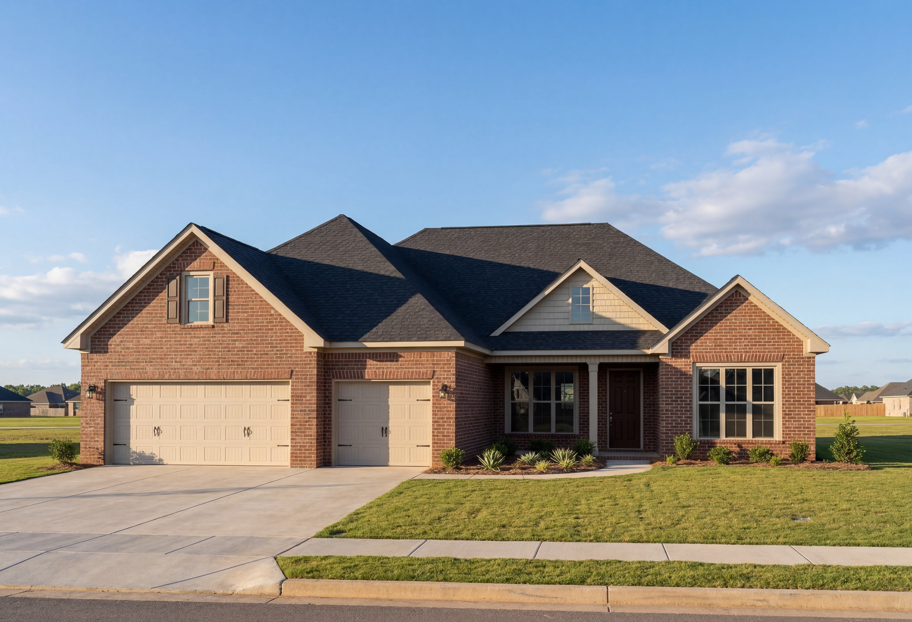 Two-story brick facade of The Finleigh home with dark gabled roof, three-car garage, and landscaped yard in Meridianville