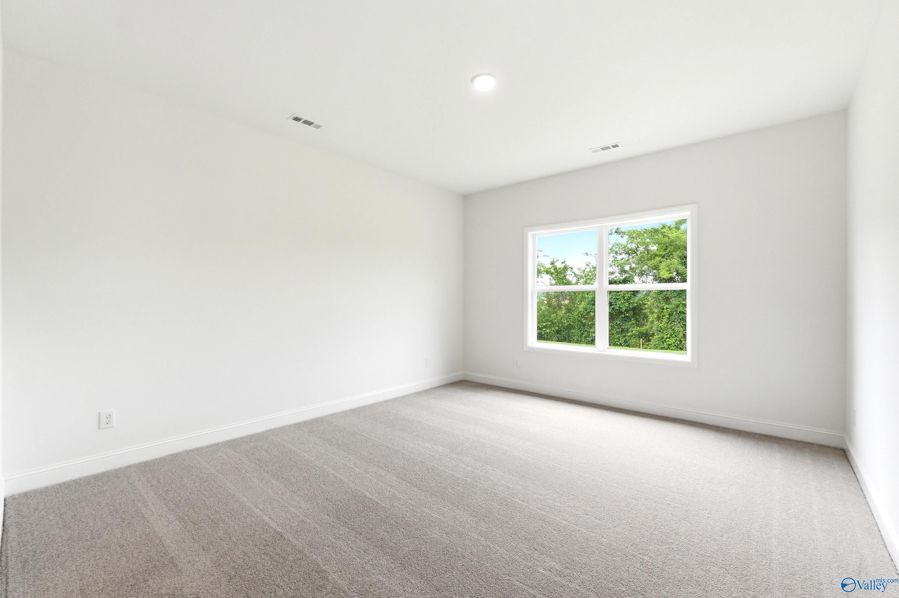 Bright, carpeted bedroom with large window in The Daphne C floor plan at Ivy Hills, Toney, Alabama.