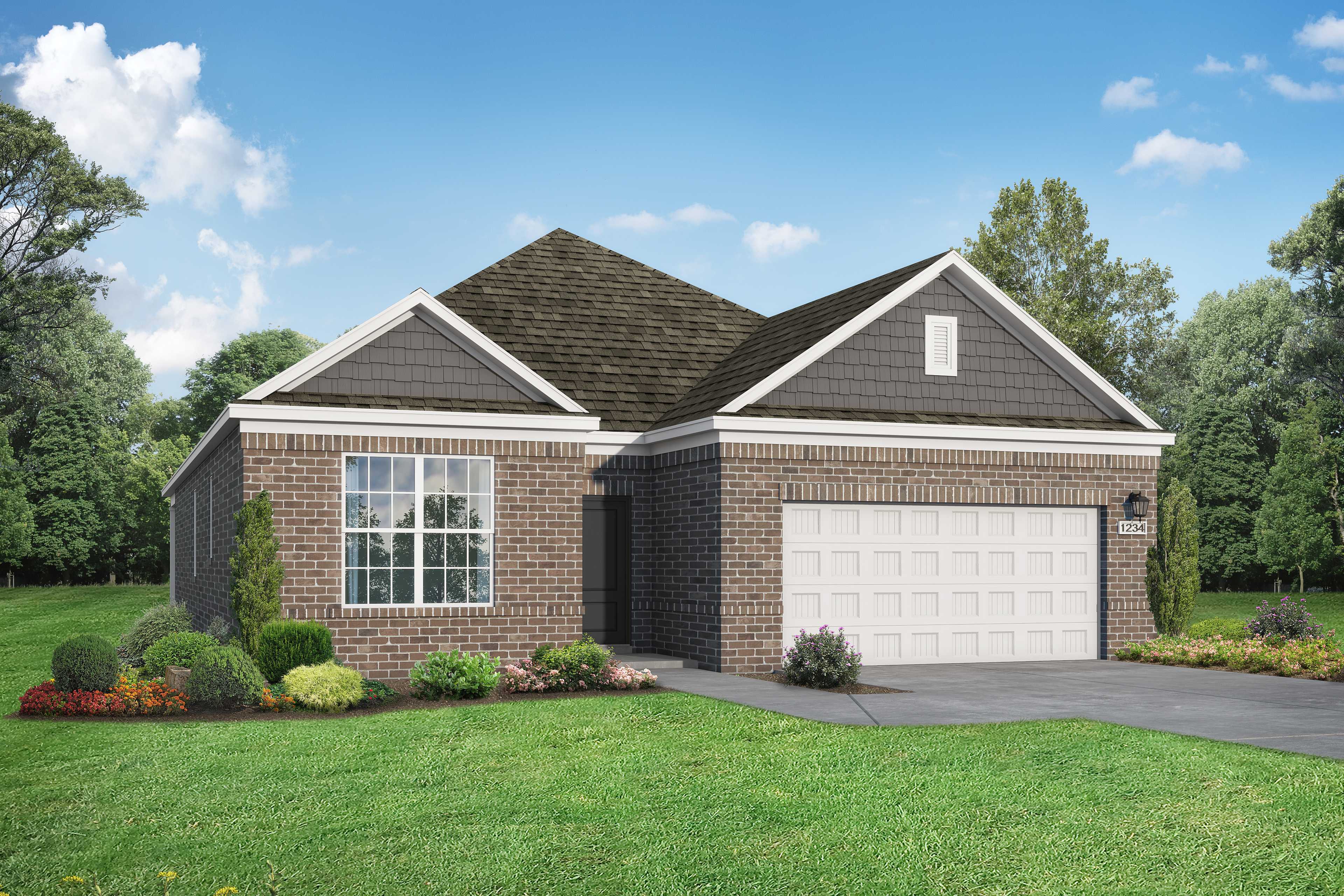 Front elevation of The Everett N single-story brick home with 2-car garage, gabled roof, and landscaped yard in Heartland, Texas
