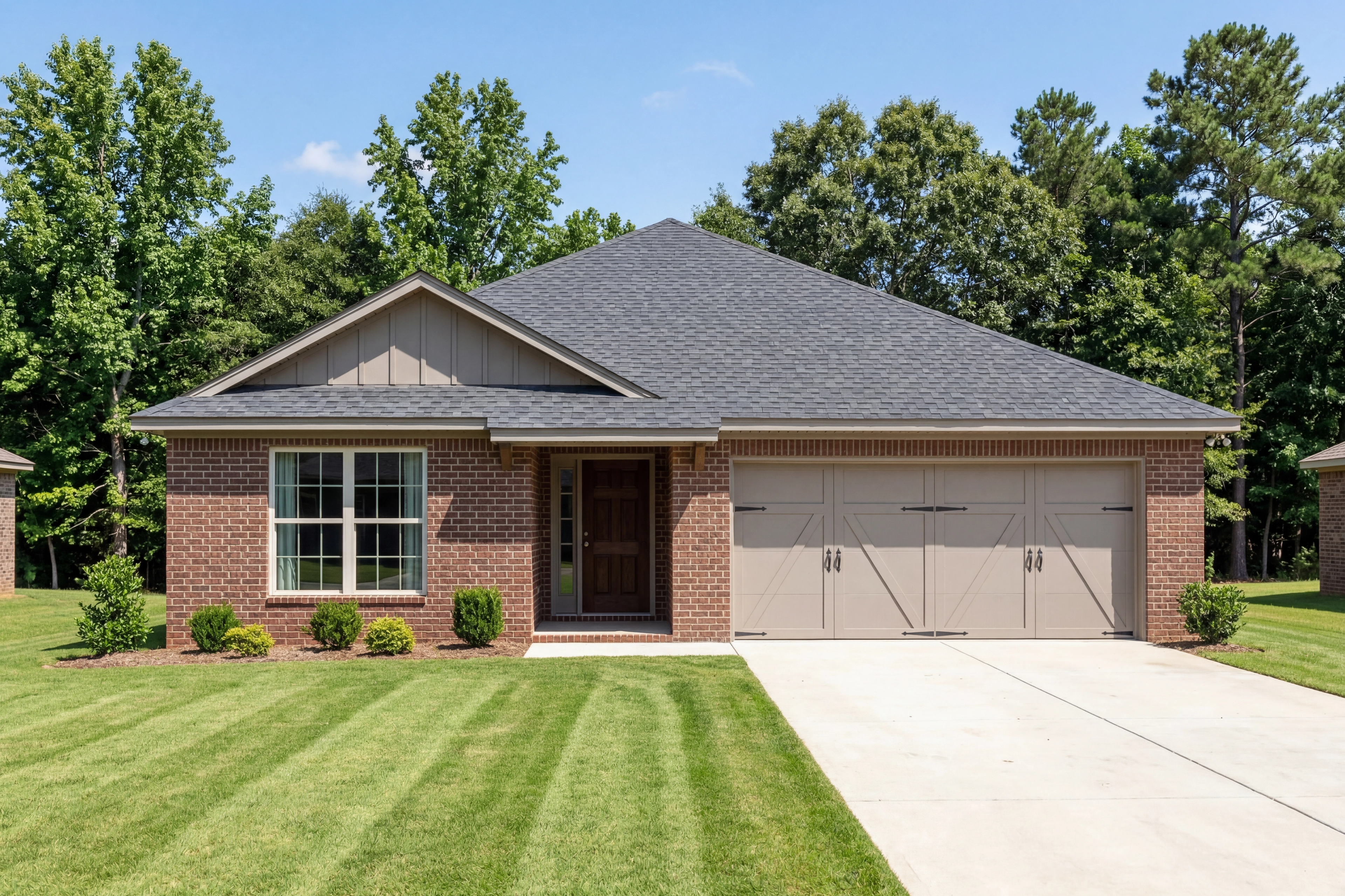 Exterior elevation of The Franklin 1-story single-family home featuring red brick, 2-car garage, and manicured lawn.