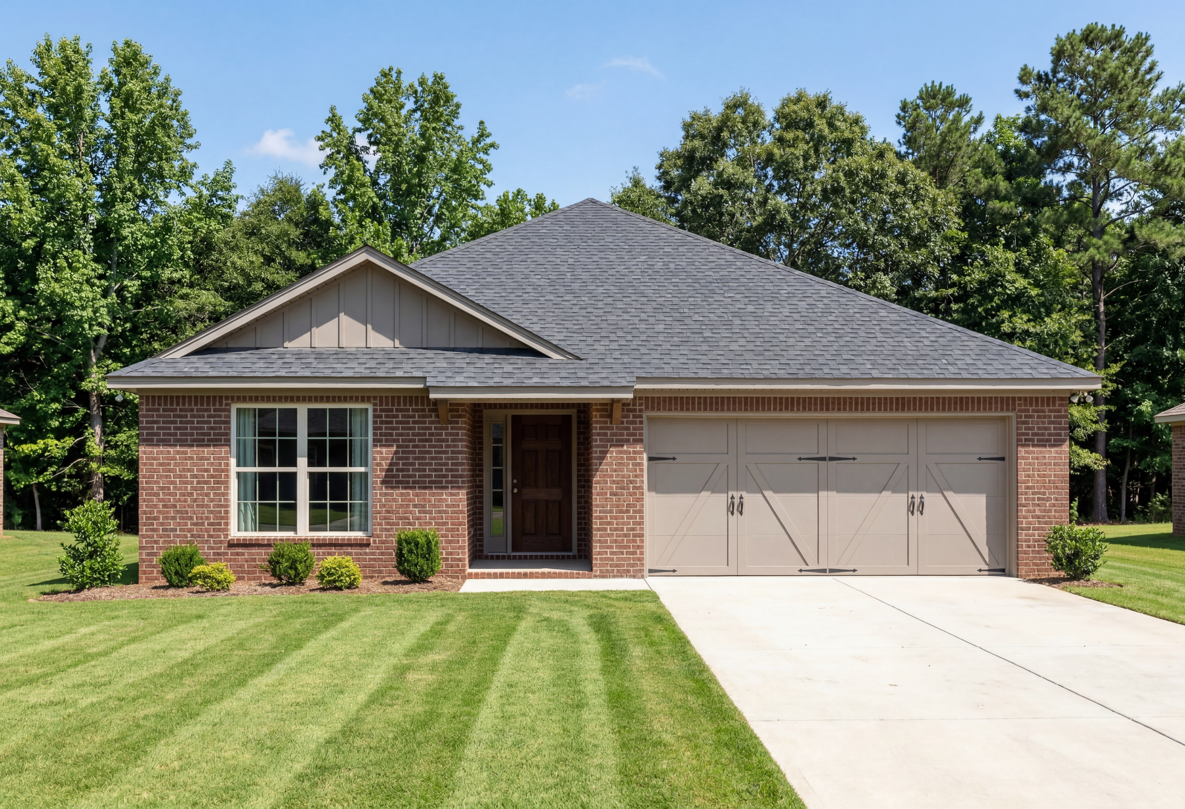 Exterior elevation of The Franklin 1-story single-family home featuring red brick, 2-car garage, and manicured lawn.