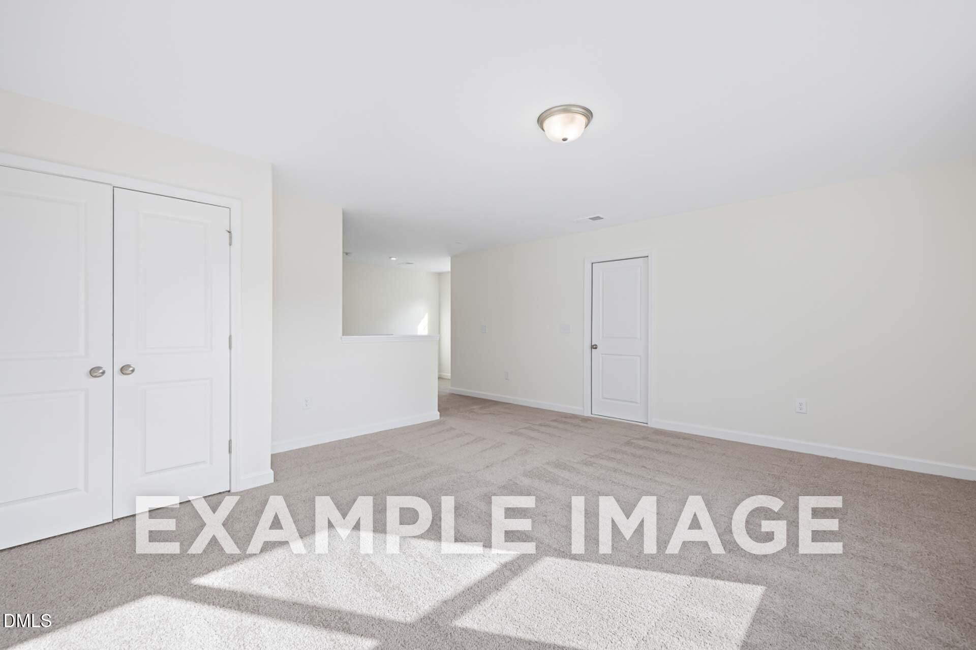 Bright upstairs hallway with white double doors, beige carpet, and natural light in Davidson Homes The Ash B, Zebulon NC