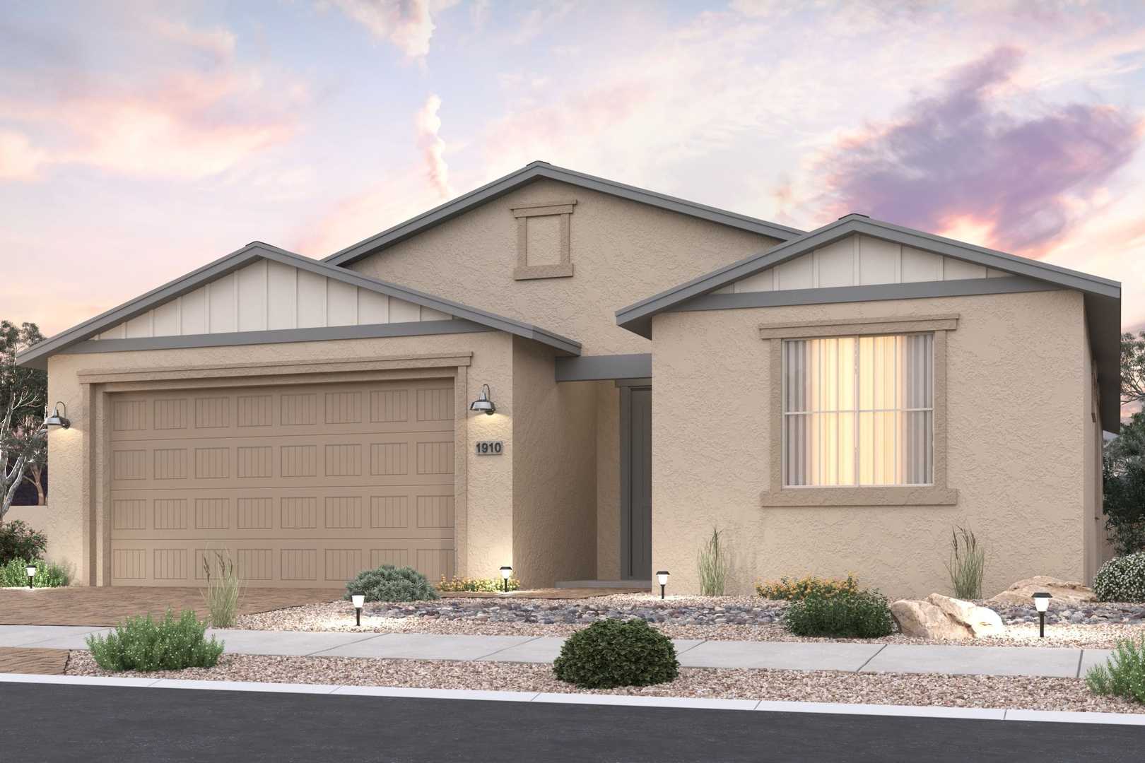Modern single-story elevation of The Inspiration B home by Davidson Homes in Prescott Valley, AZ, with beige siding, 2-car garage, and desert landscaping