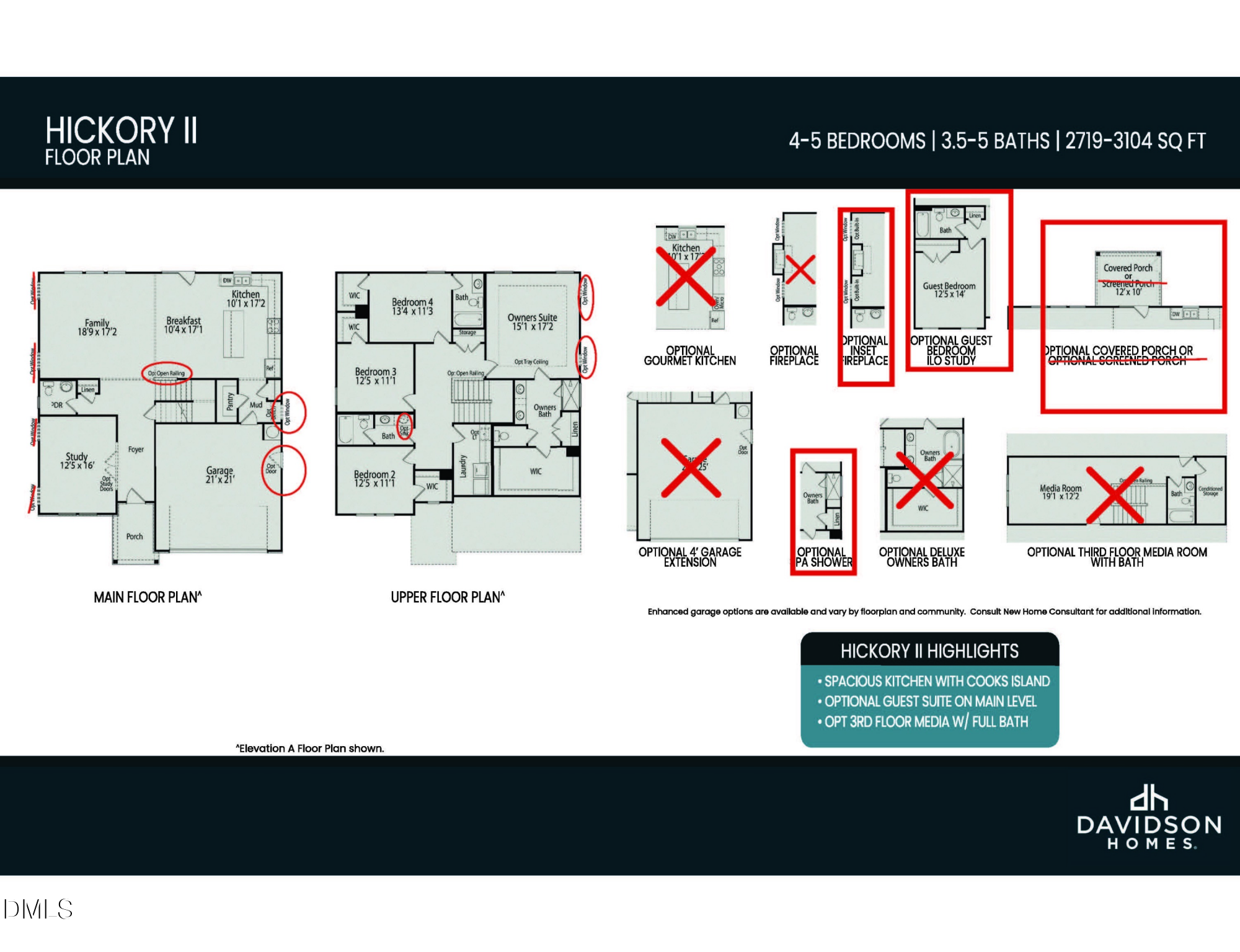 The Hickory II B floor plan by Davidson Homes: 5-bedroom, 4-bath, 2,719 sq ft 2-story layout with main and upper levels in Woodland Crossing, Zebulon, NC