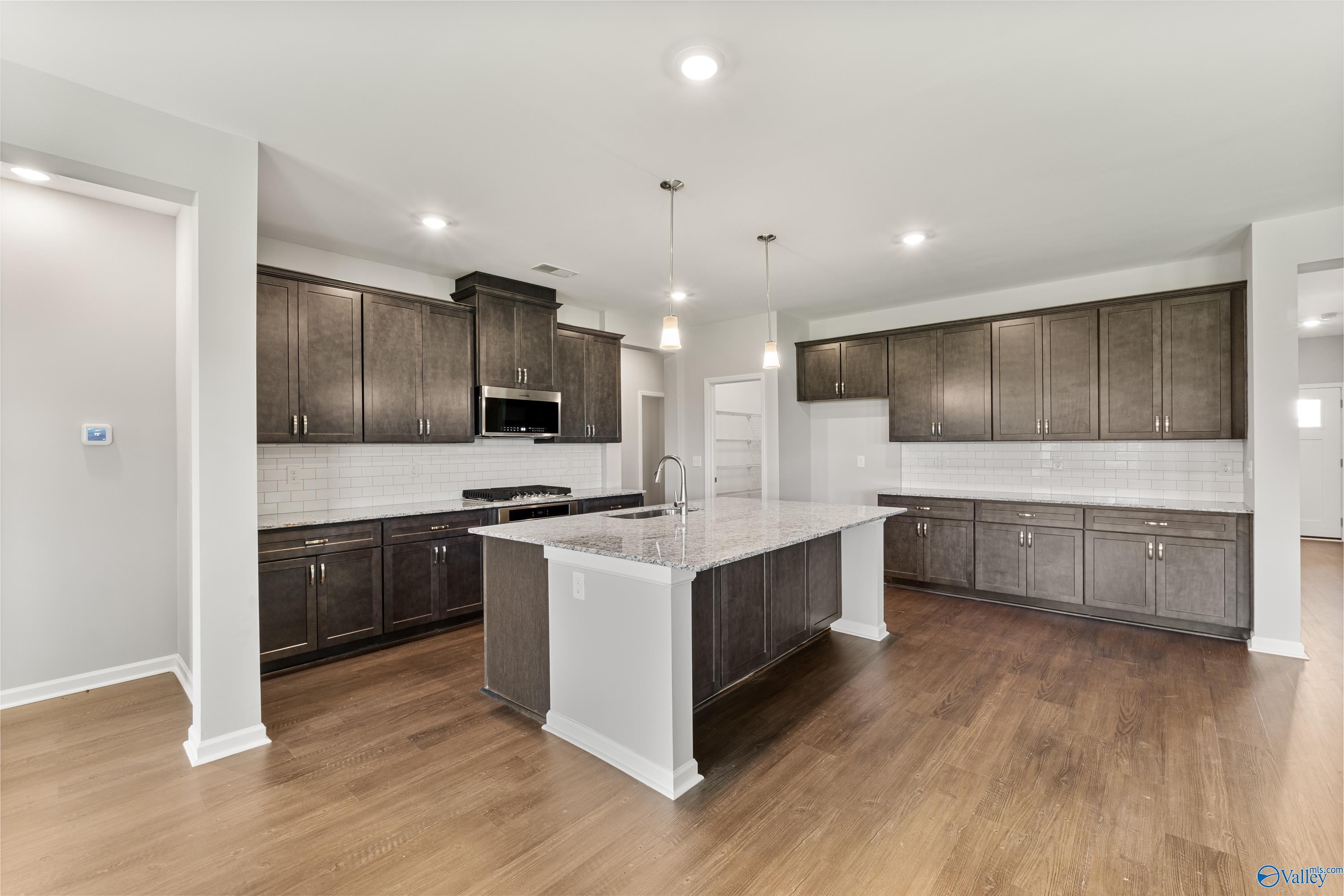 Modern kitchen featuring dark wood cabinets, white quartz island, stainless steel appliances in Davidson Homes The Sanctuary, Huntsville AL