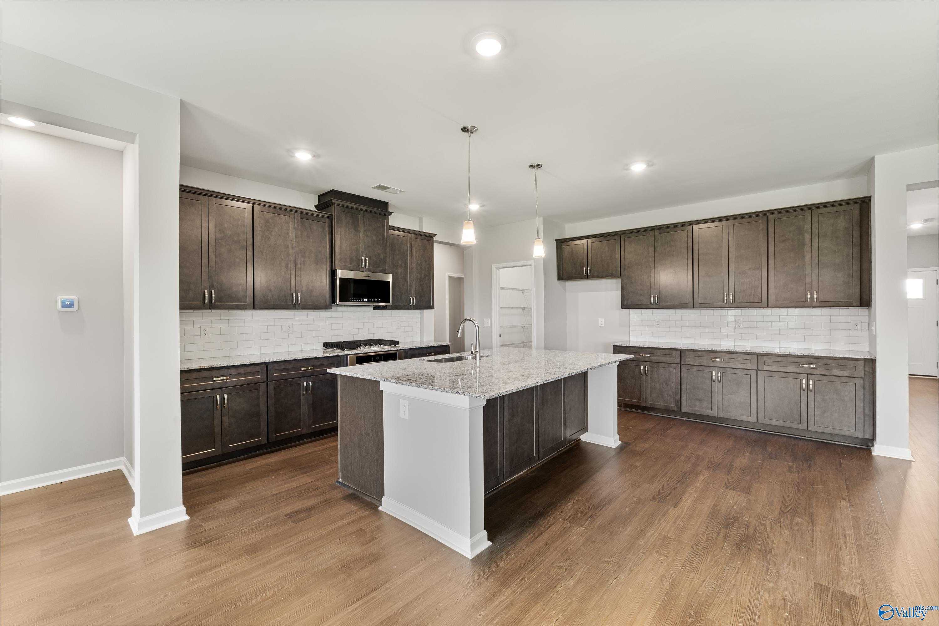 Modern kitchen featuring dark wood cabinets, white quartz island, stainless steel appliances in Davidson Homes The Sanctuary, Huntsville AL