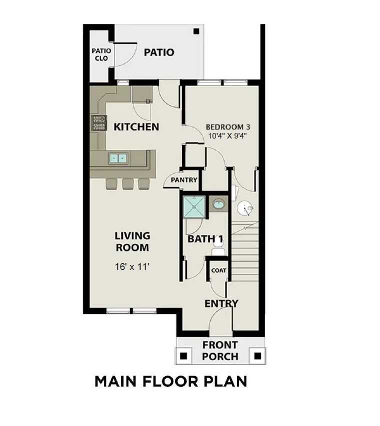 Main floor plan of The Cumberland A: living room, kitchen with pantry, bedroom 3, bath 1, stairs, and covered patio in Gallatin, TN home