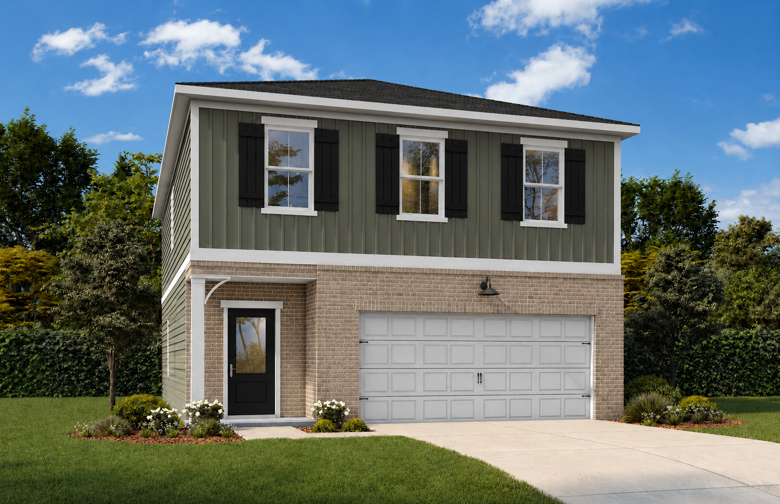 Craftsman style exterior of The Burton B in Cartersville, GA, featuring a brick facade, 2-car garage, and shingle siding.