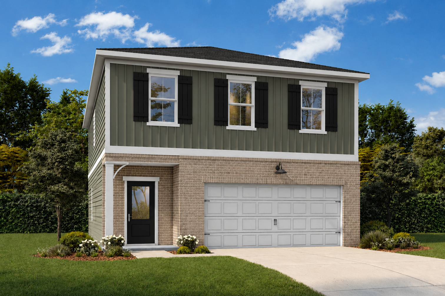 Craftsman style exterior of The Burton B in Cartersville, GA, featuring a brick facade, 2-car garage, and shingle siding.
