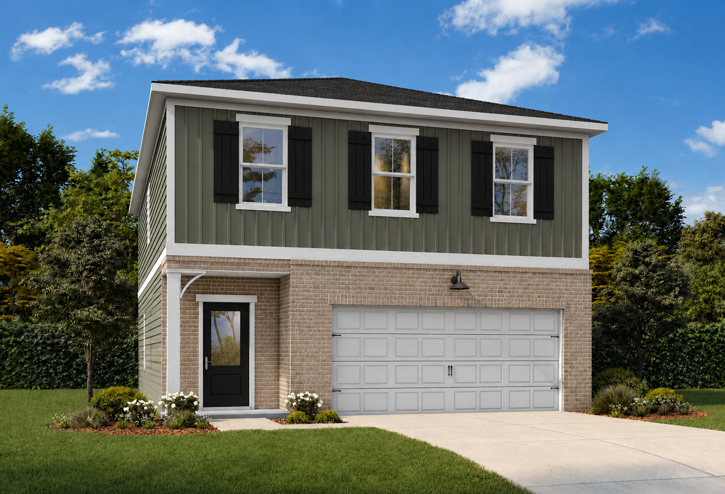 Craftsman style exterior of The Burton B in Cartersville, GA, featuring a brick facade, 2-car garage, and shingle siding.