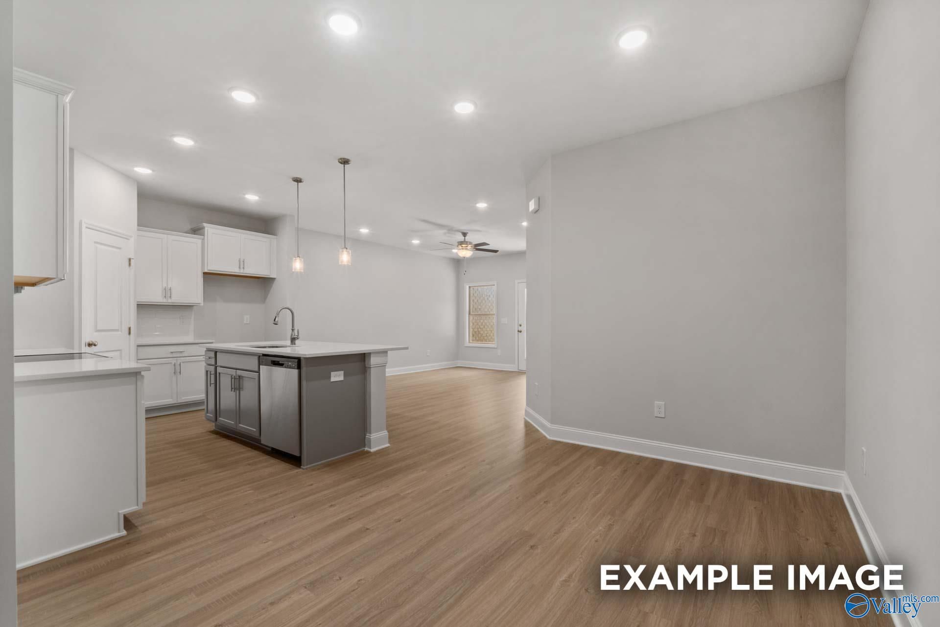 Modern kitchen with white cabinets, gray island sink, and open wood-floor living area in The Camilla B, Hartselle, AL