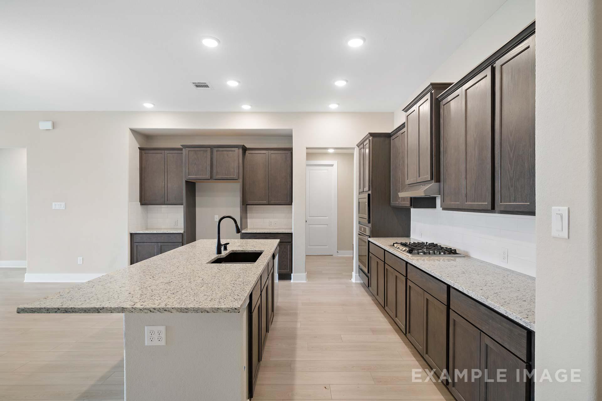 Spacious open-concept kitchen in The Elizabeth A with quartz island, shaker cabinets, stainless appliances, and recessed lighting
