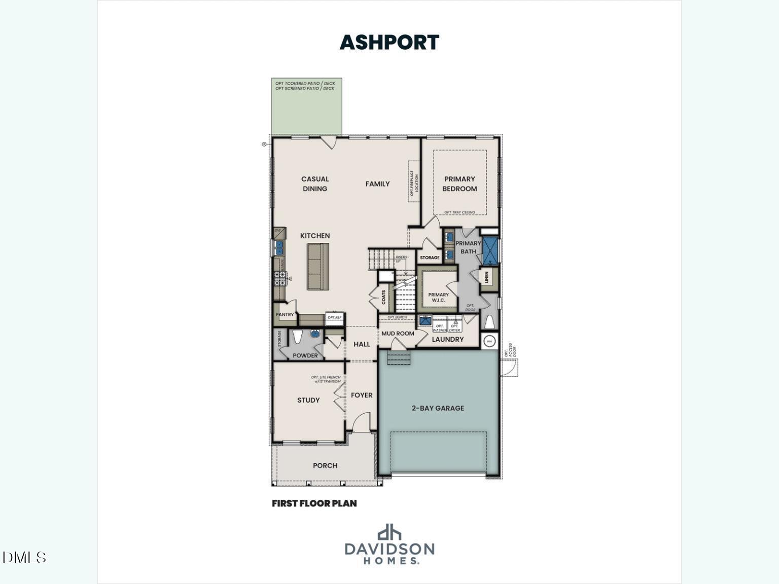 First floor plan of Ashport L: 4-bedroom, 2,745 sq ft home with open kitchen, casual family room, primary suite, and 2-car garage in Wake Forest, NC