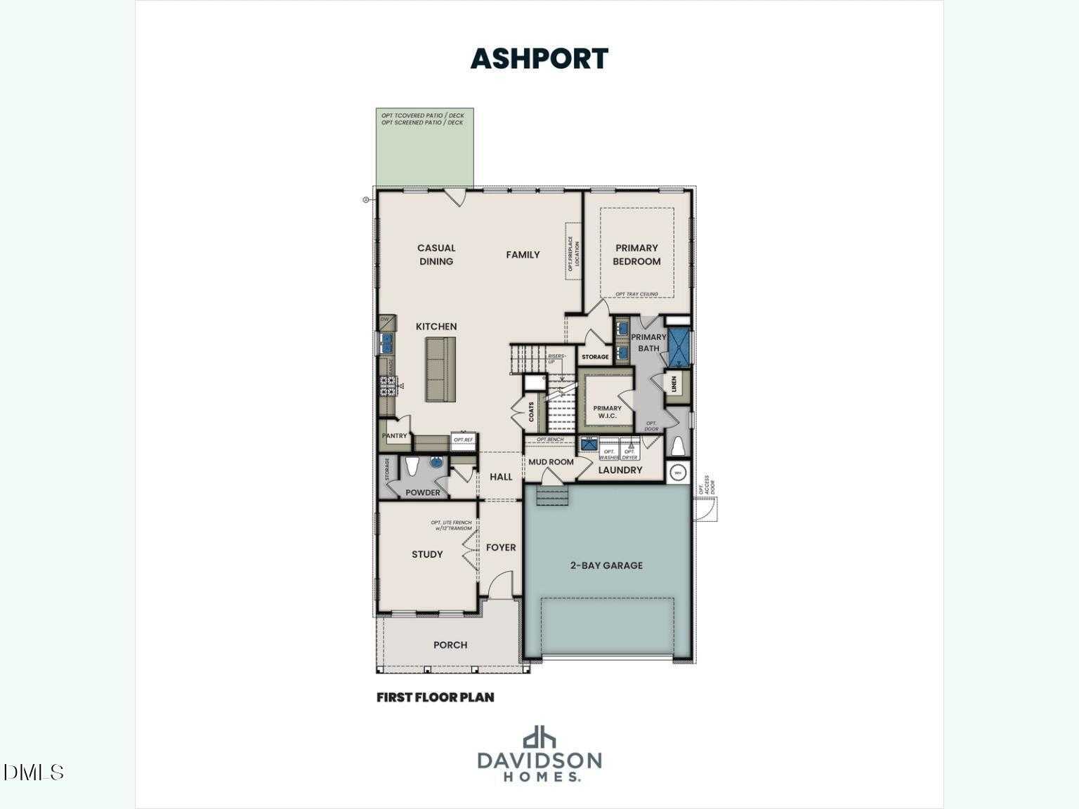 First floor plan of Ashport L: 4-bedroom, 2,745 sq ft home with open kitchen, casual family room, primary suite, and 2-car garage in Wake Forest, NC