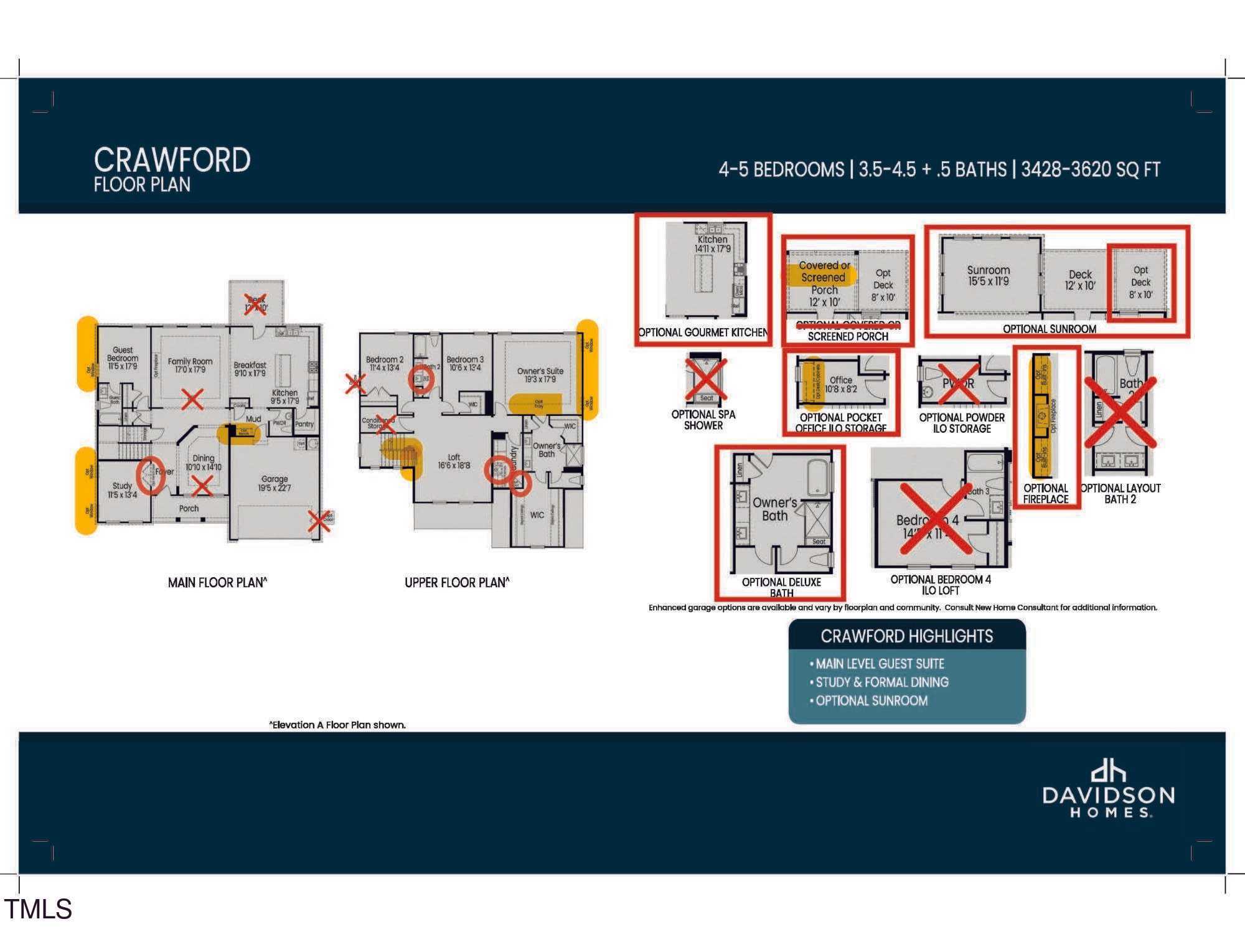 Crawford C floor plan diagram: main and upper levels for 4-bed, 3.5-bath, 3,620 sq ft Davidson Homes in Raleigh, NC