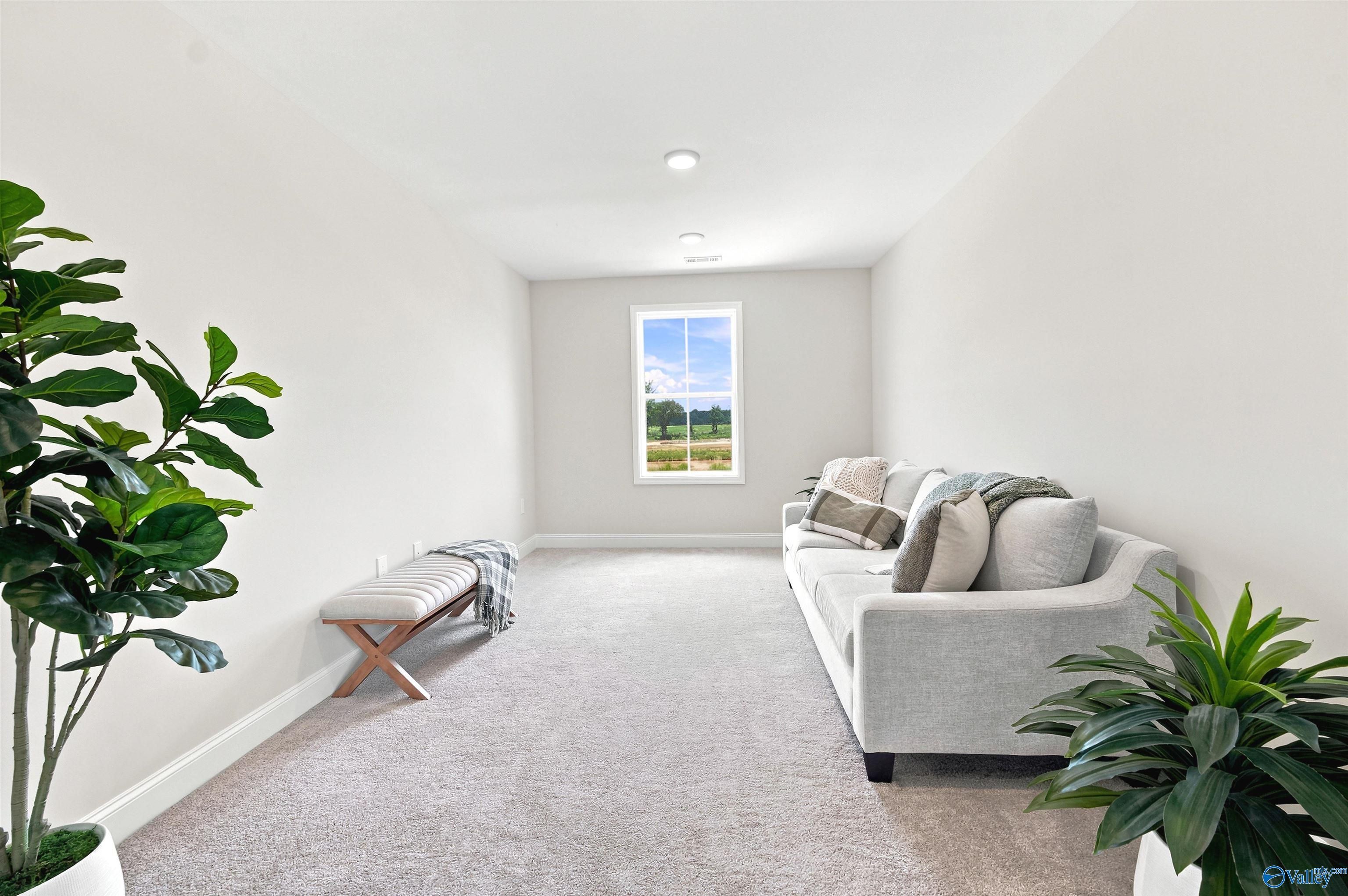 Bright upstairs loft area with plush carpet and modern decor in The Burton B floor plan at Heritage Lakes, New Market, AL.