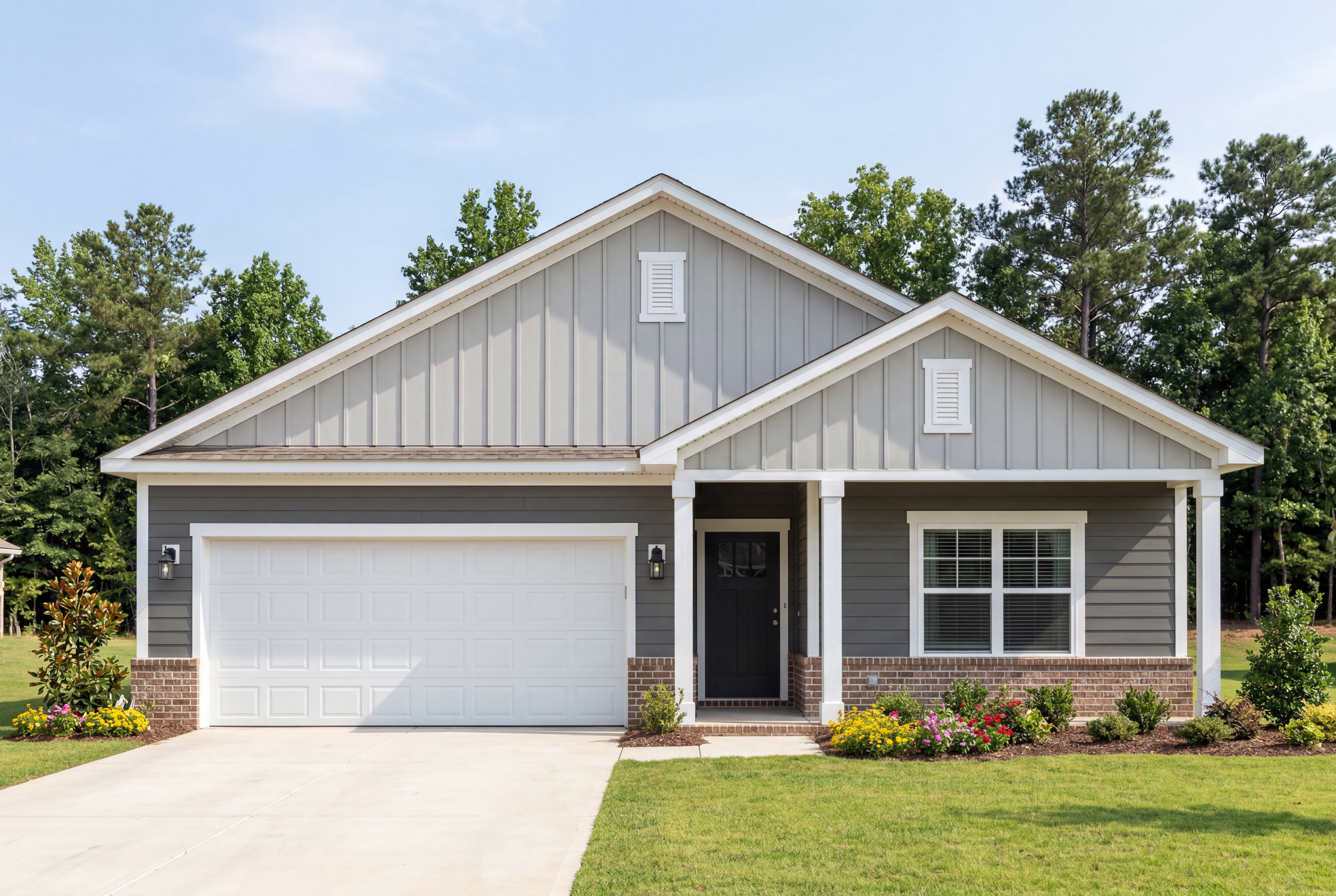 Front elevation of The Franklin D single-family home by Davidson Homes featuring a two-car garage and brick accents.