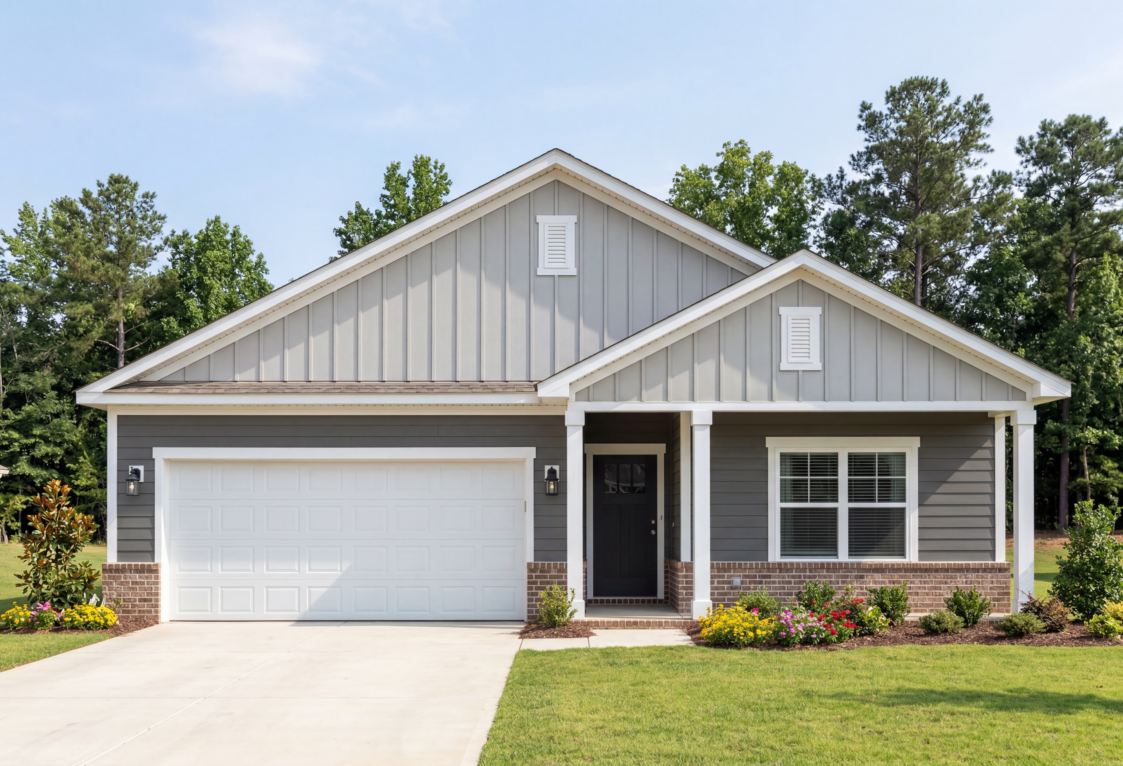 Front elevation of The Franklin D single-family home by Davidson Homes featuring a two-car garage and brick accents.