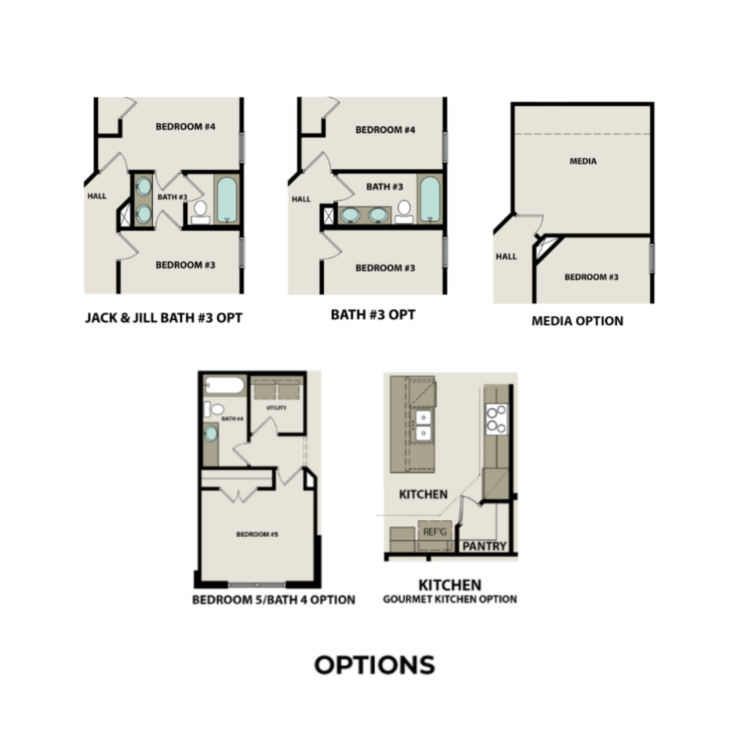 Upper floor options for The Ridgeport C: Jack and Jill baths, extra bedrooms, media room, and gourmet kitchen layout