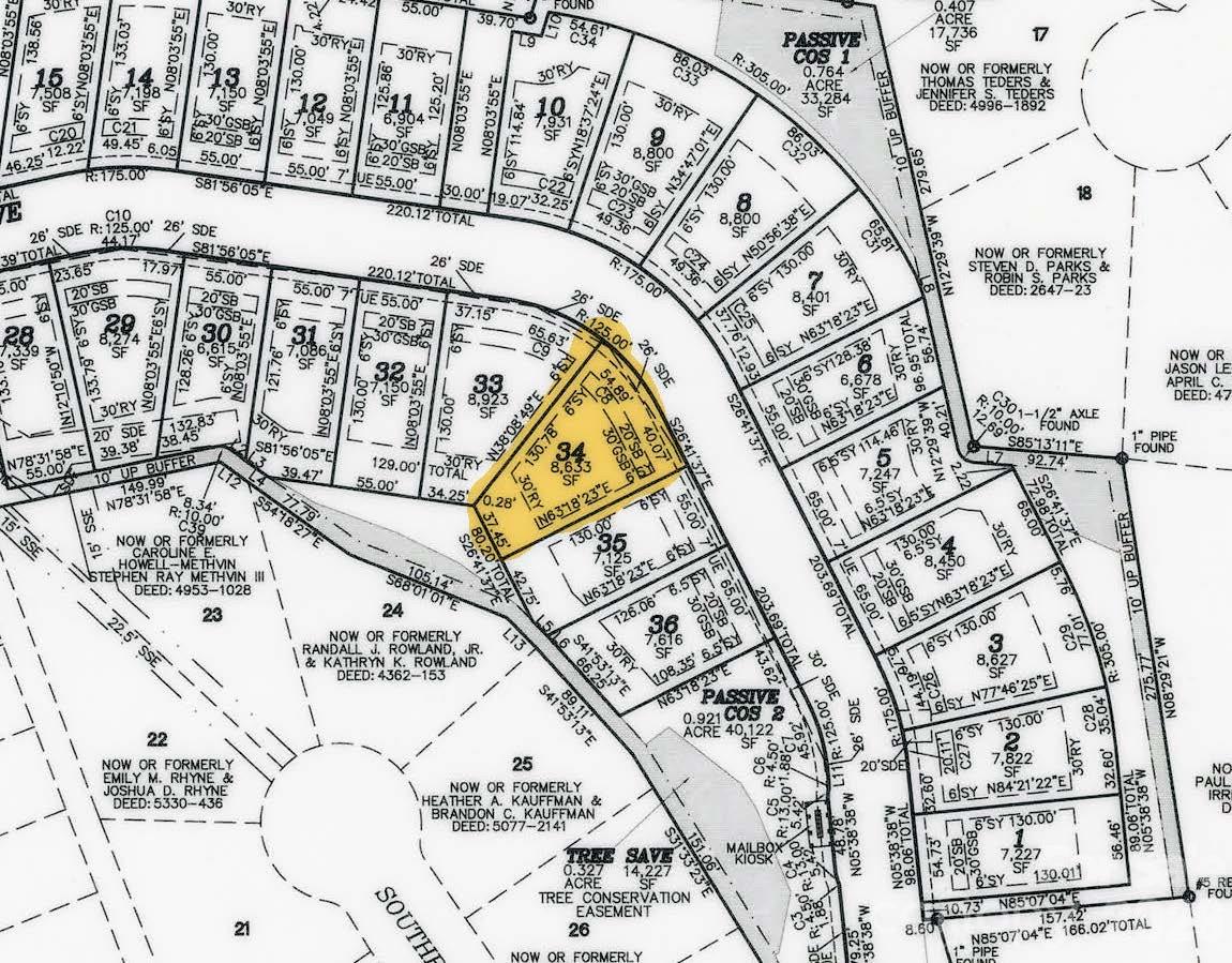 Site plan plat map showing lot 34 highlighted at 0.28 acres in Enclave at Belmont subdivision, Belmont, North Carolina