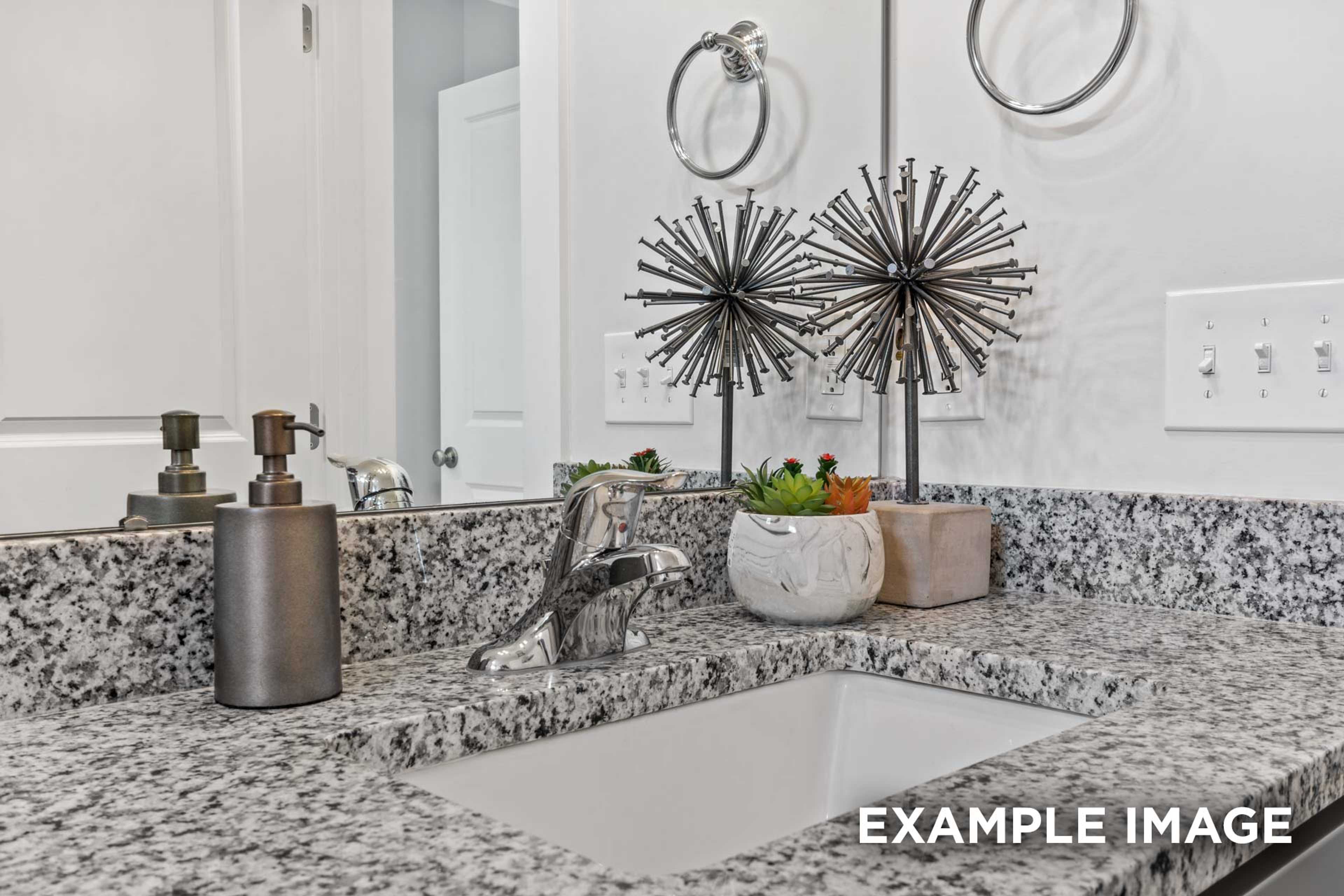 Modern master bath vanity in The Franklin C featuring granite countertop, undermount sink, chrome faucet, and succulent decor
