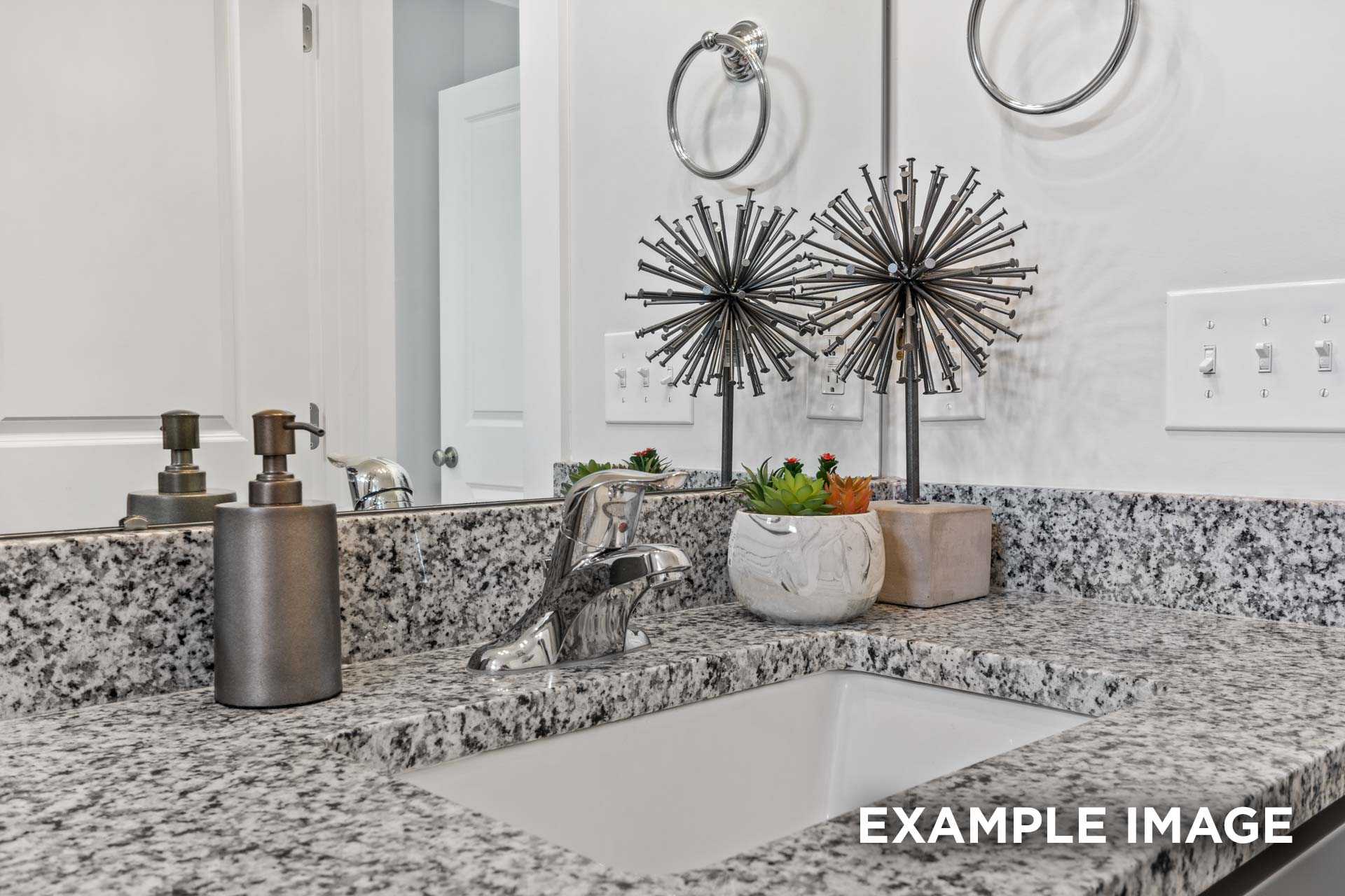 Modern master bath vanity in The Franklin C featuring granite countertop, undermount sink, chrome faucet, and succulent decor