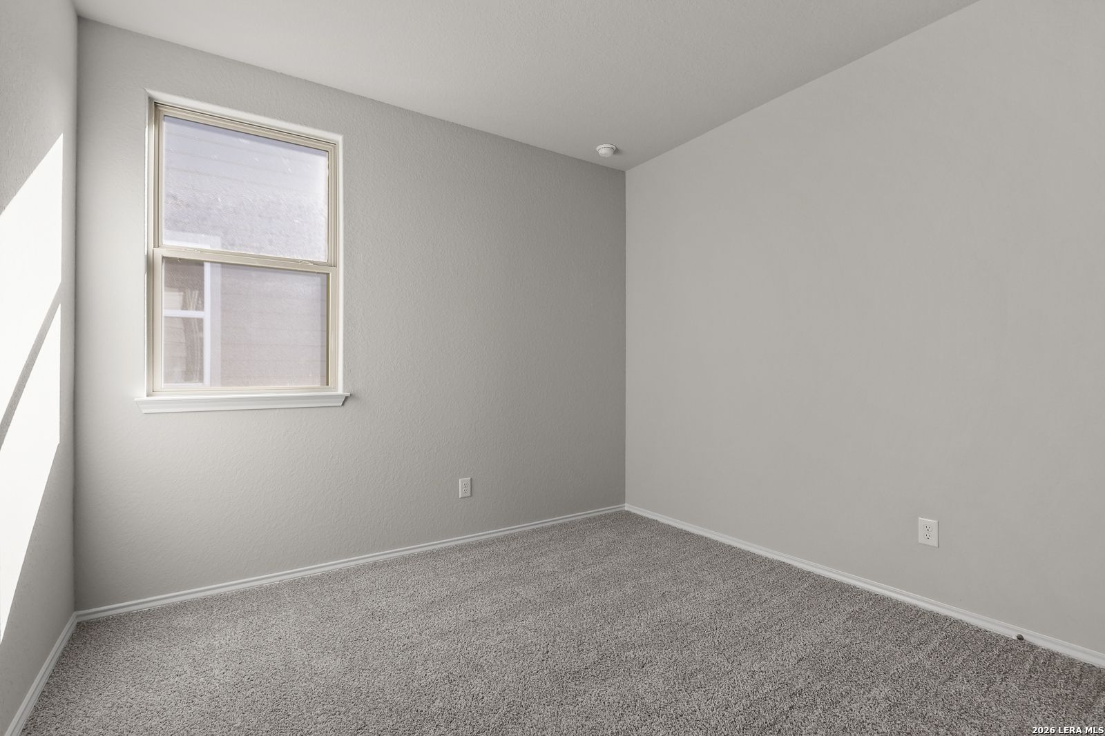Empty bedroom featuring neutral gray walls, plush carpet, and large window in Davidson Homes The Frio B, San Antonio