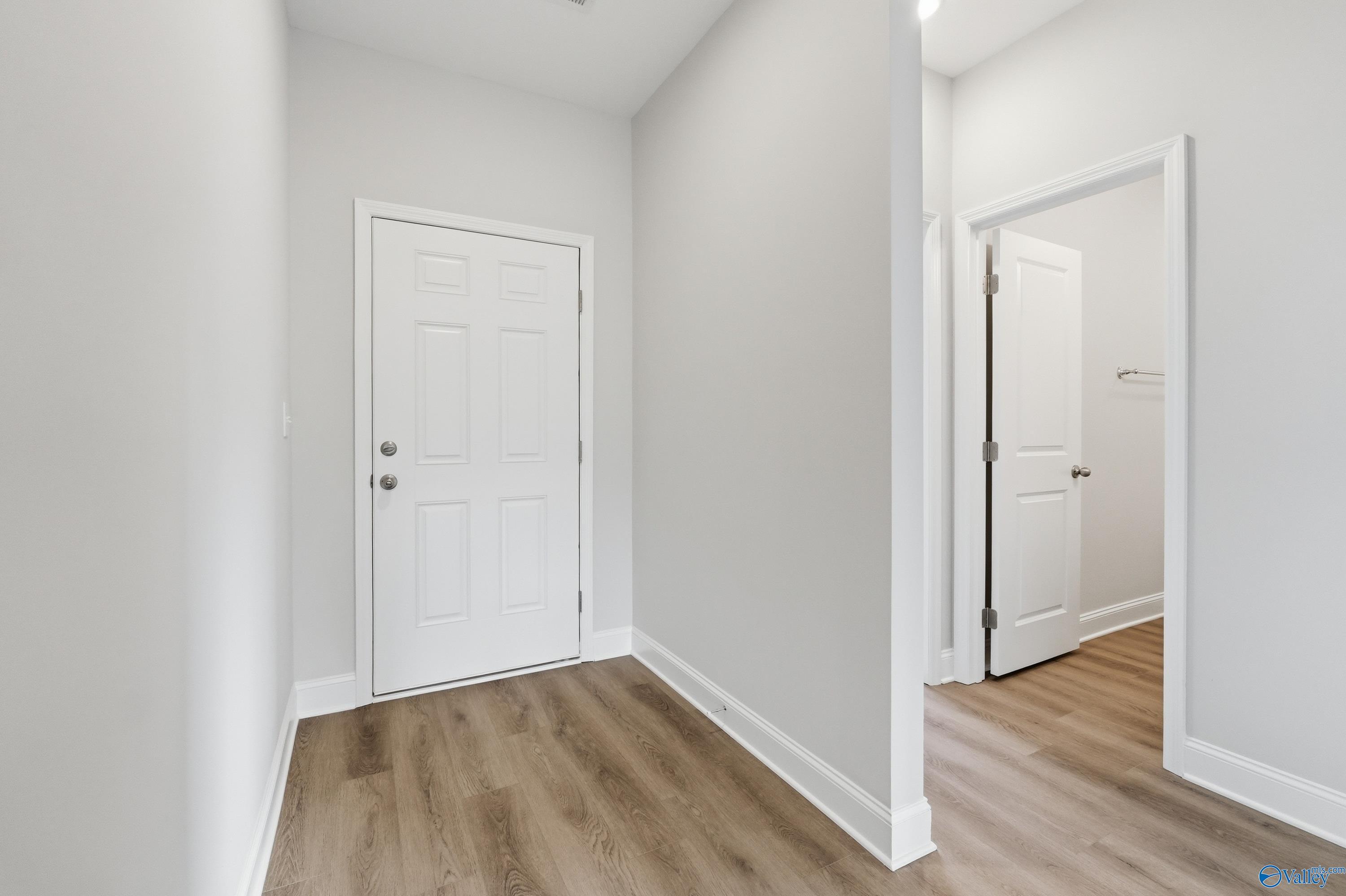 Spacious hallway with white paneled doors and wood-look flooring in Davidson Homes Asheville C, Spragins Cove, Huntsville, AL