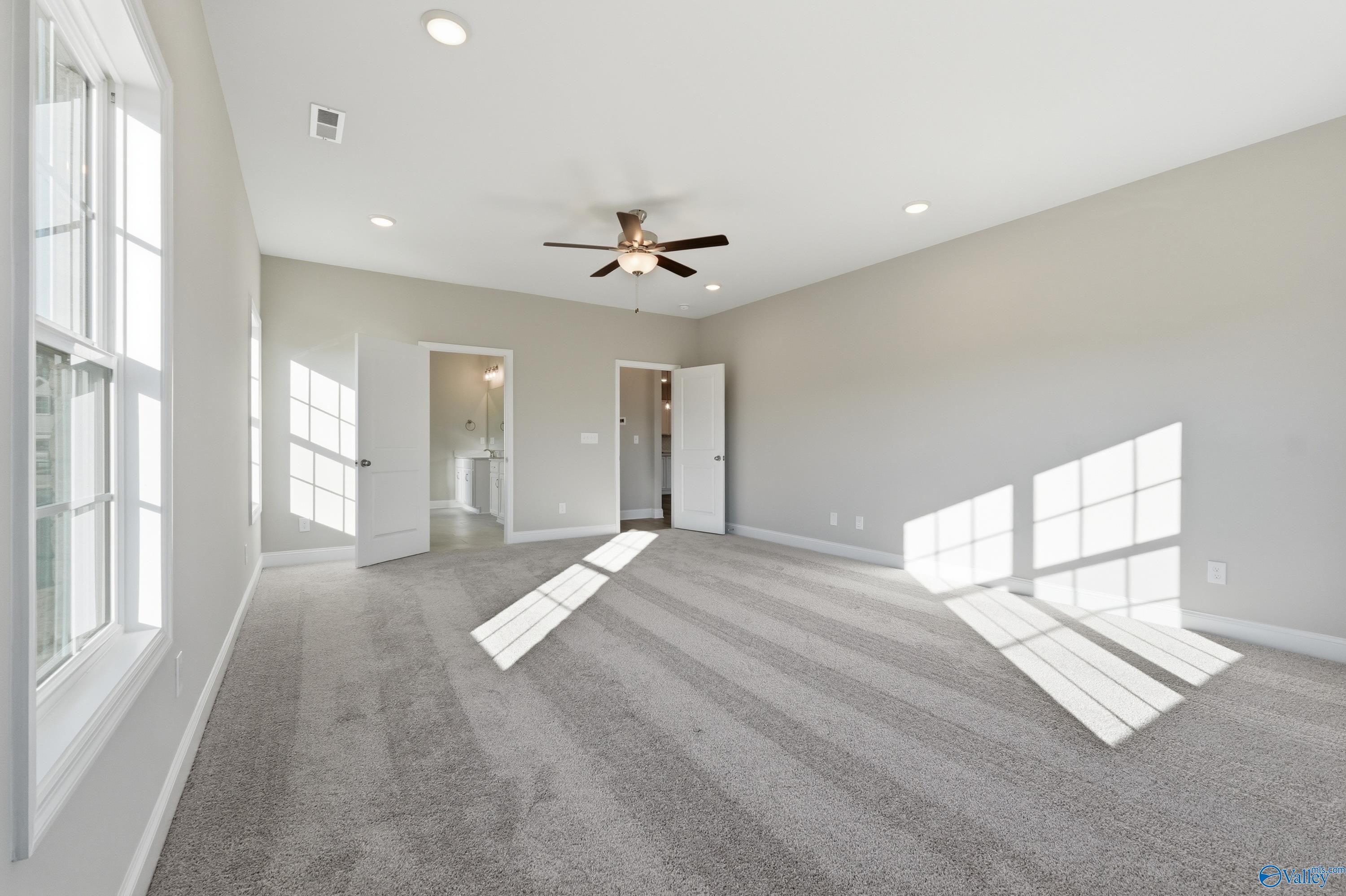 Bright master bedroom with ceiling fan, sunlit windows, carpeted floors, and en-suite bath in Davidson Homes The Lanier, Toney, AL