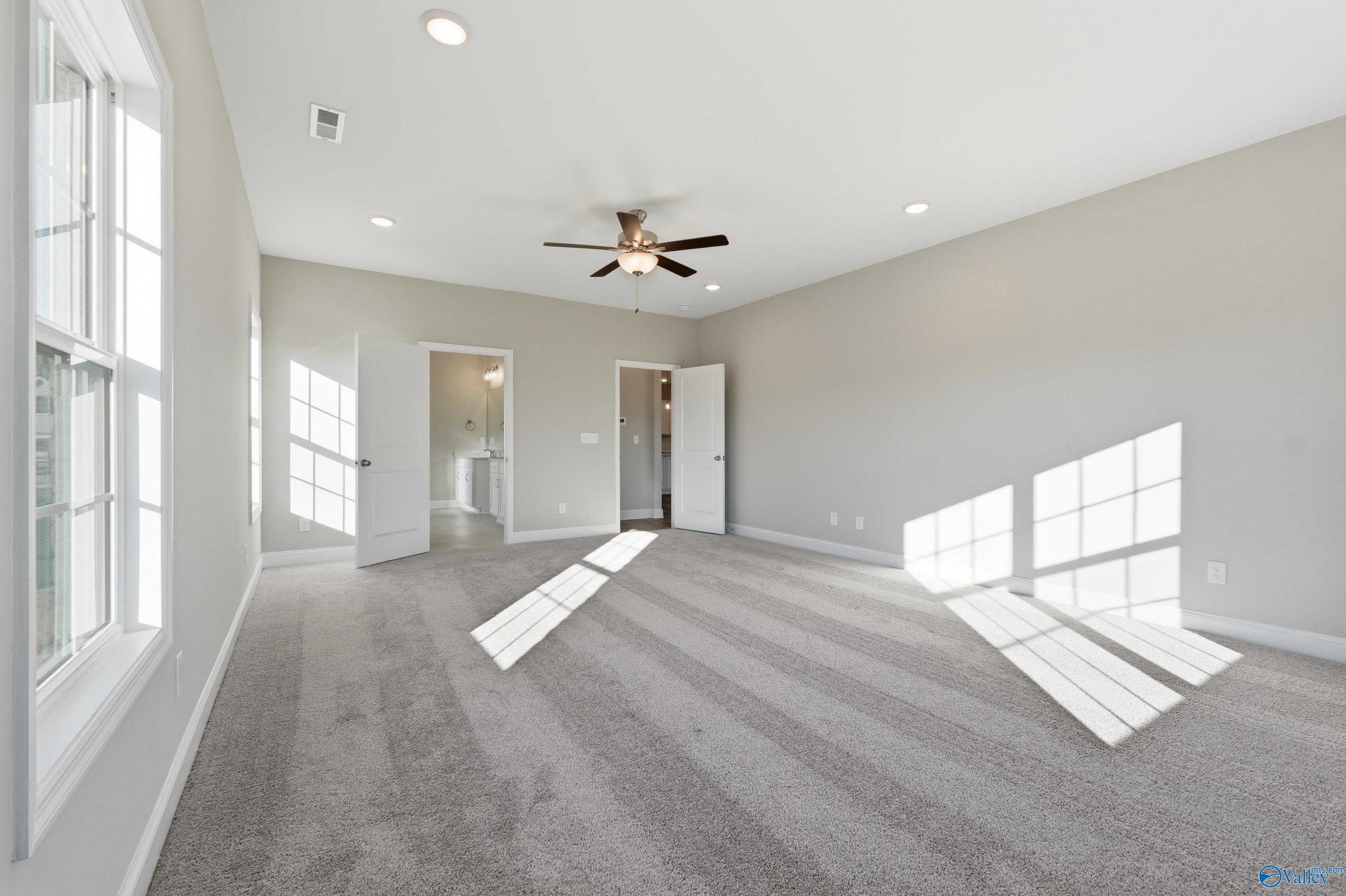 Bright master bedroom with ceiling fan, sunlit windows, carpeted floors, and en-suite bath in Davidson Homes The Lanier, Toney, AL