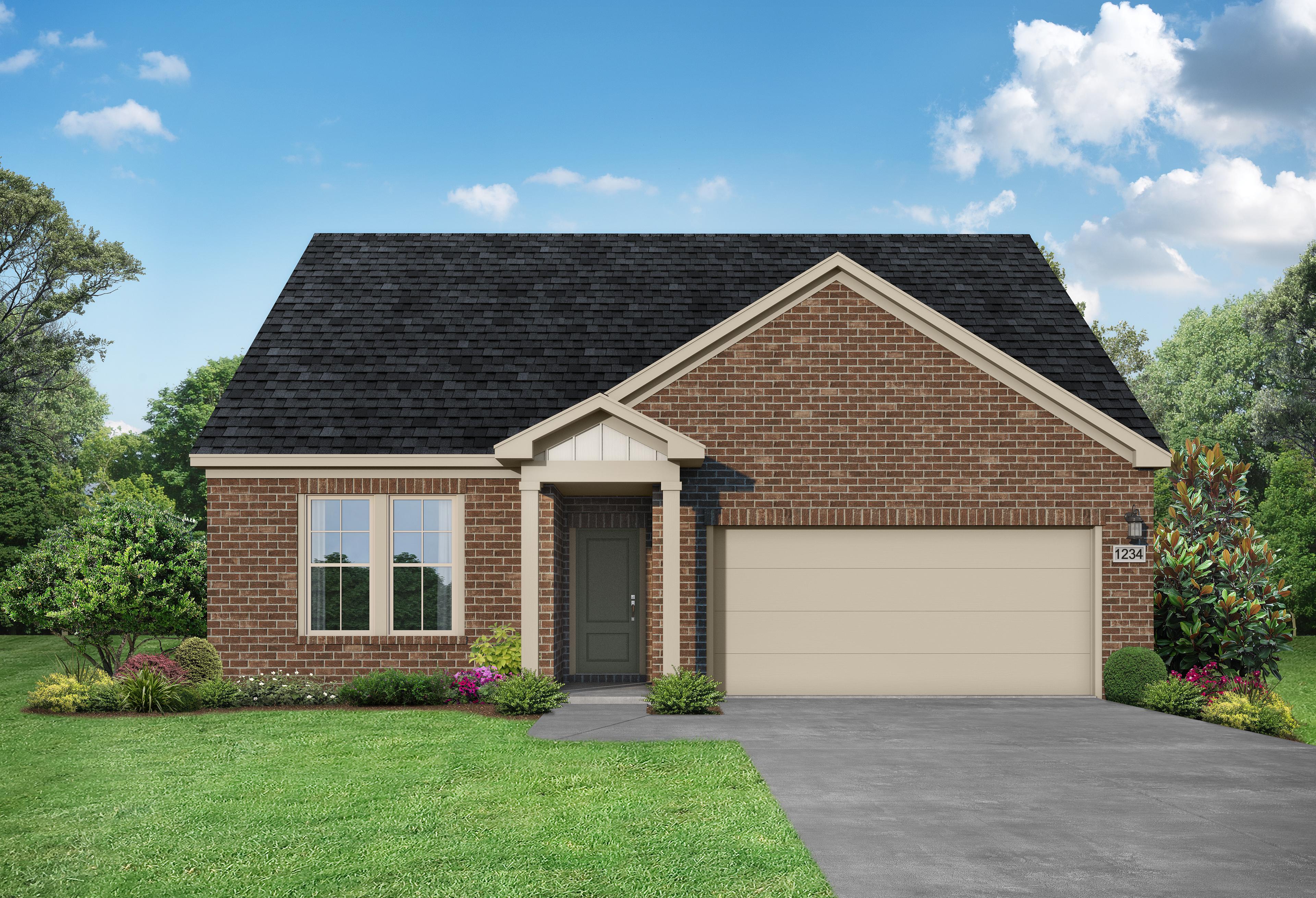 Modern brick single-story home elevation of The Glen A with gabled roof, covered porch, two-car garage, and lush landscaping