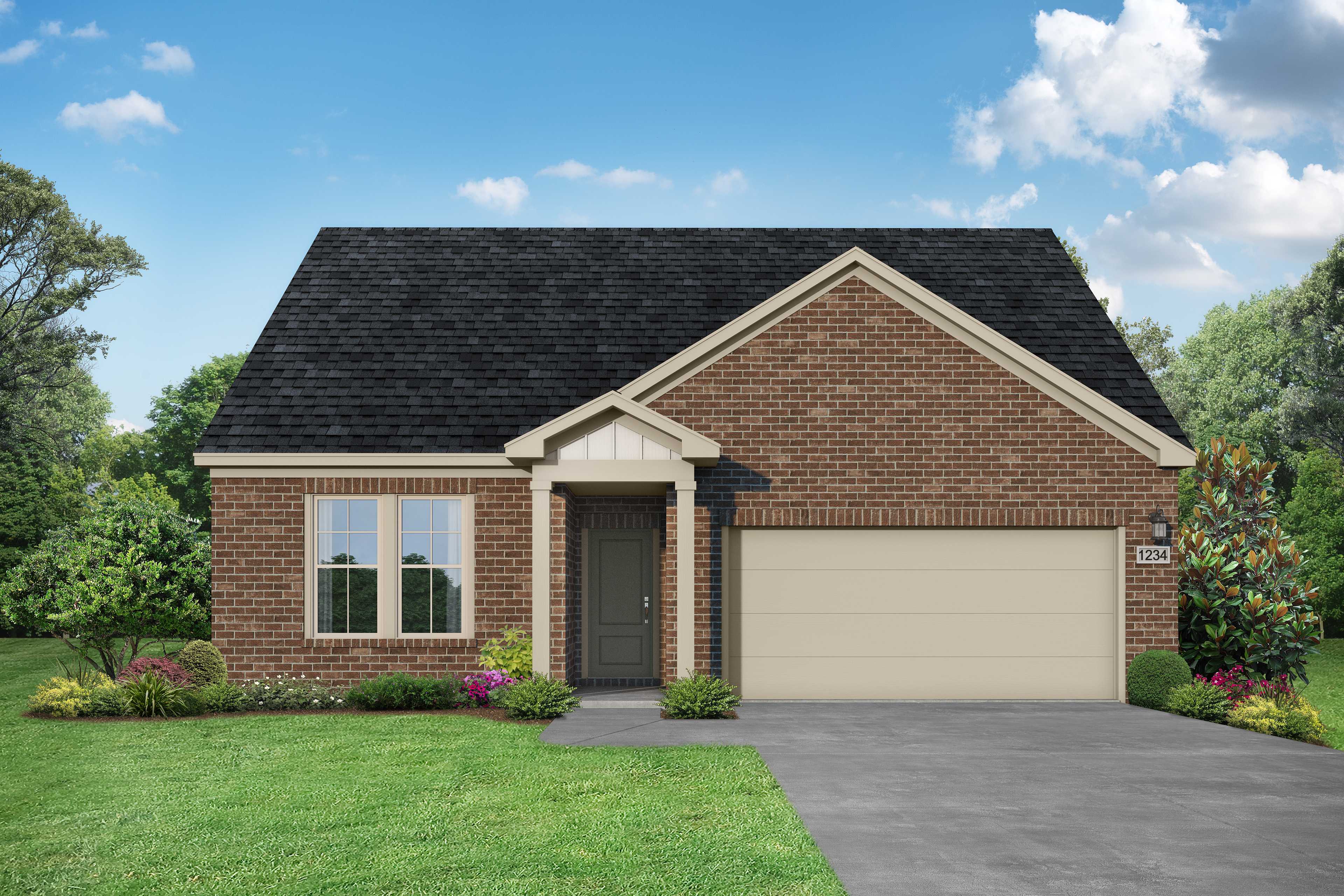 Modern brick single-story home elevation of The Glen A with gabled roof, covered porch, two-car garage, and lush landscaping