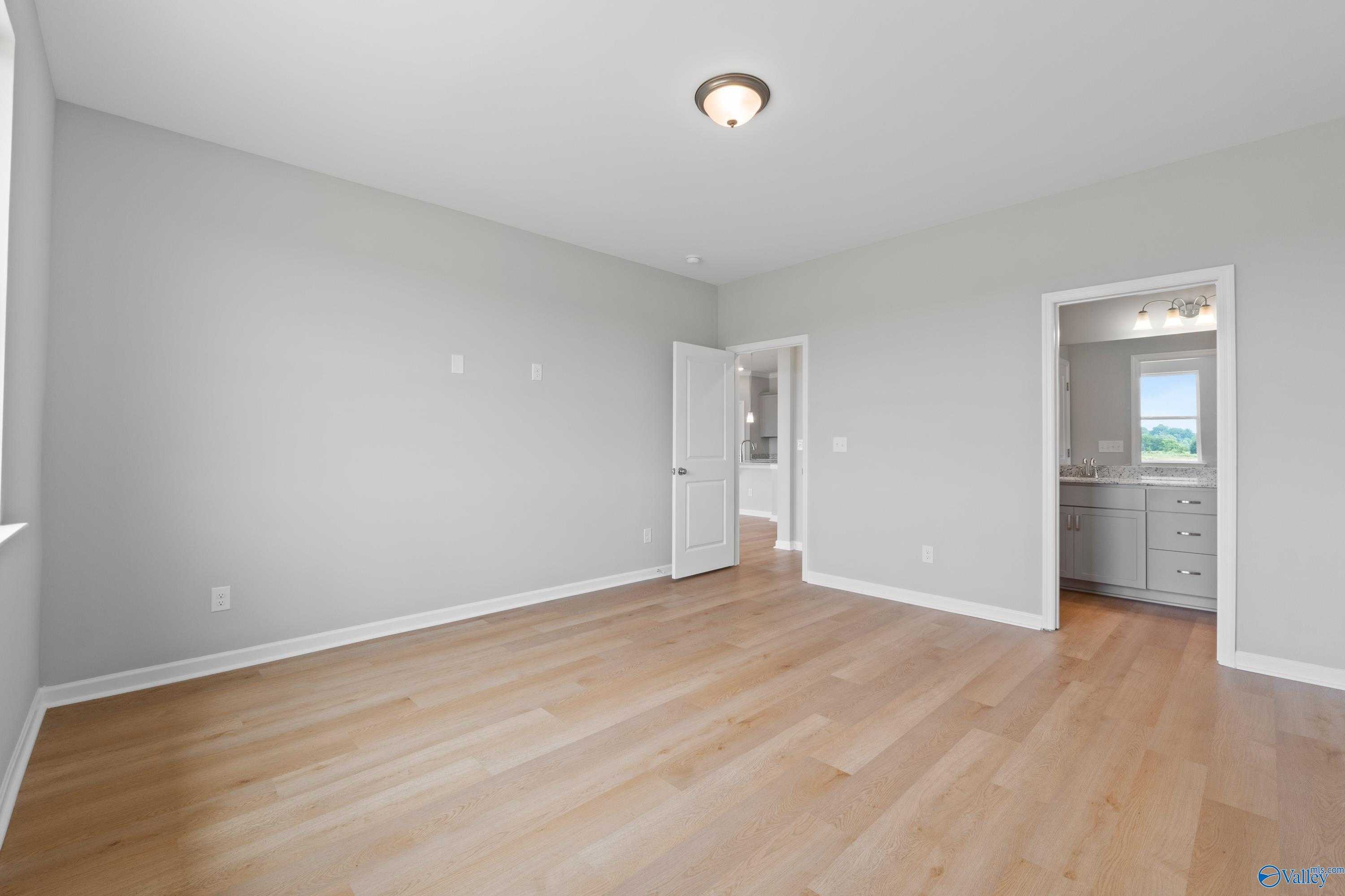 Spacious bedroom with light gray walls, oak hardwood floors, and open en-suite bathroom with double vanity in Davidson Homes The Orion, Athens AL