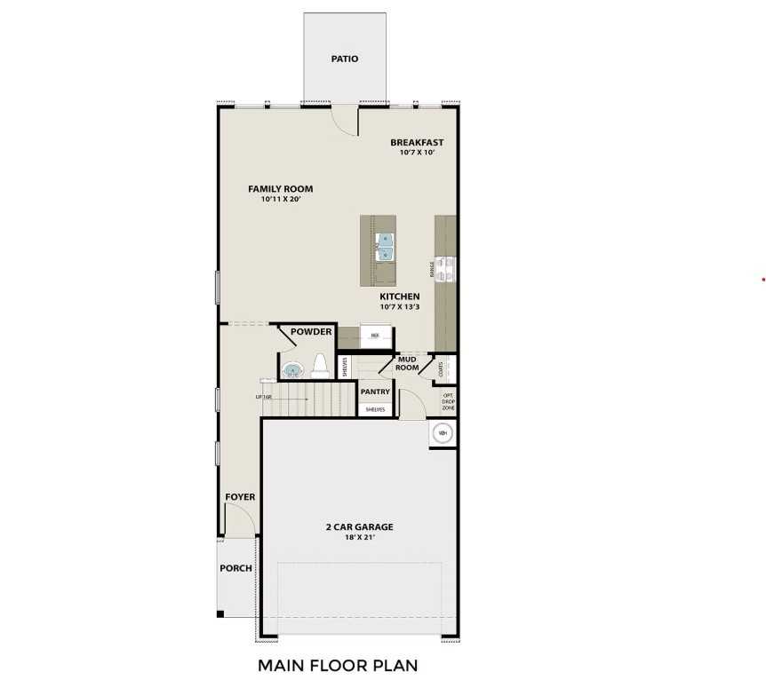 Main floor plan of Davidson Homes The Wake E: open kitchen, family room, breakfast nook, 2-car garage in Wylie, Texas