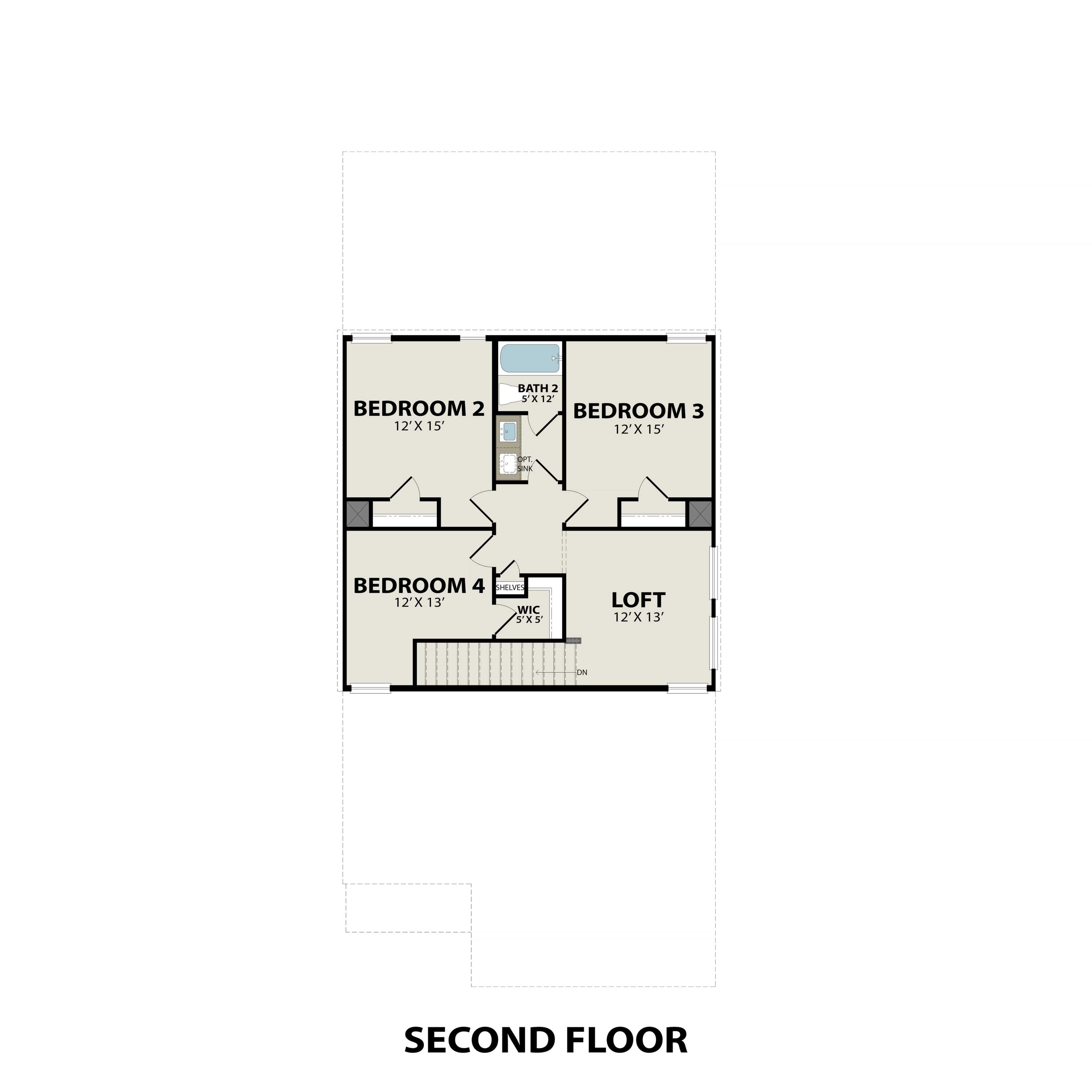 Second floor plan of The Sabine E home design featuring three bedrooms, loft, two baths, and stairs