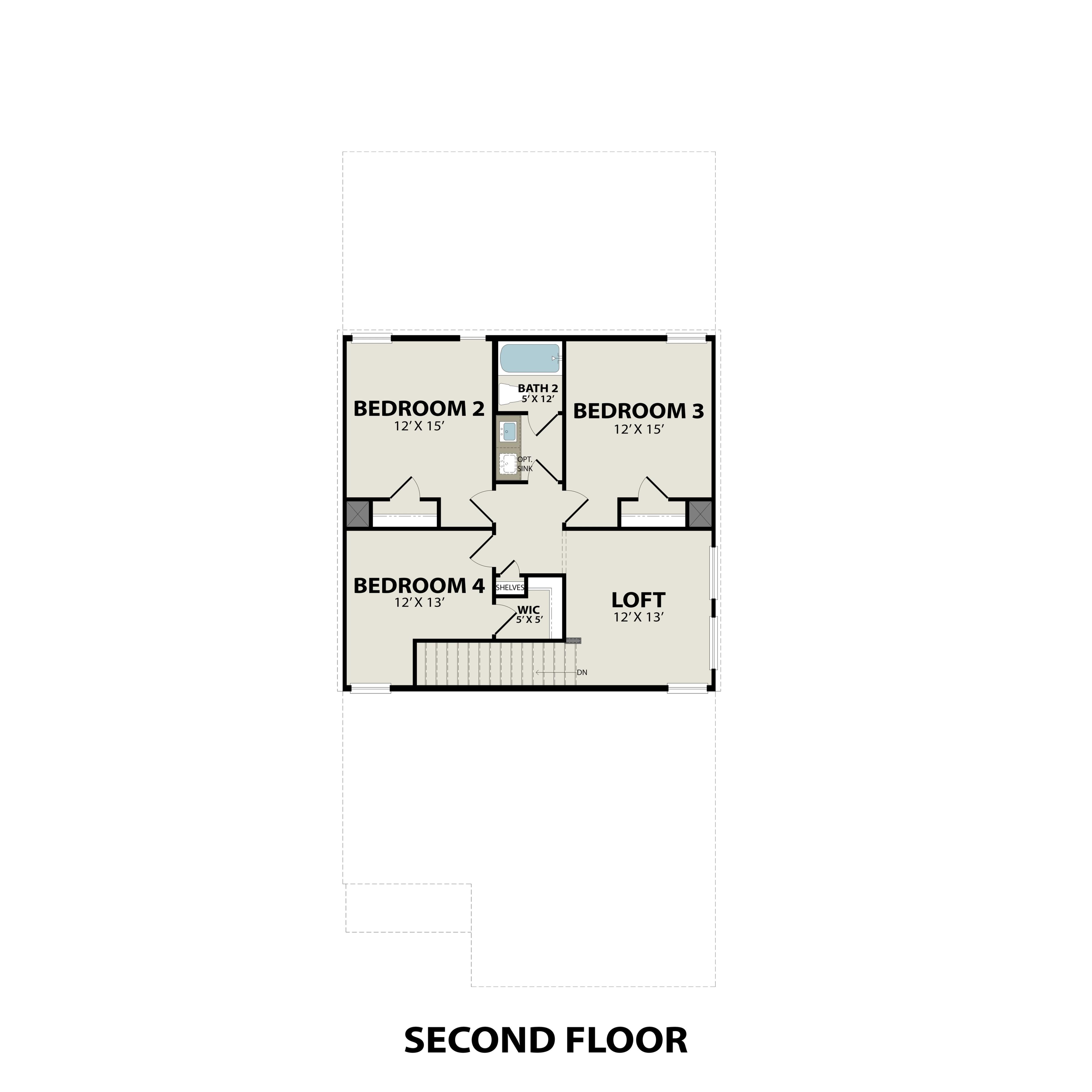 Second floor plan of The Sabine E home design featuring three bedrooms, loft, two baths, and stairs