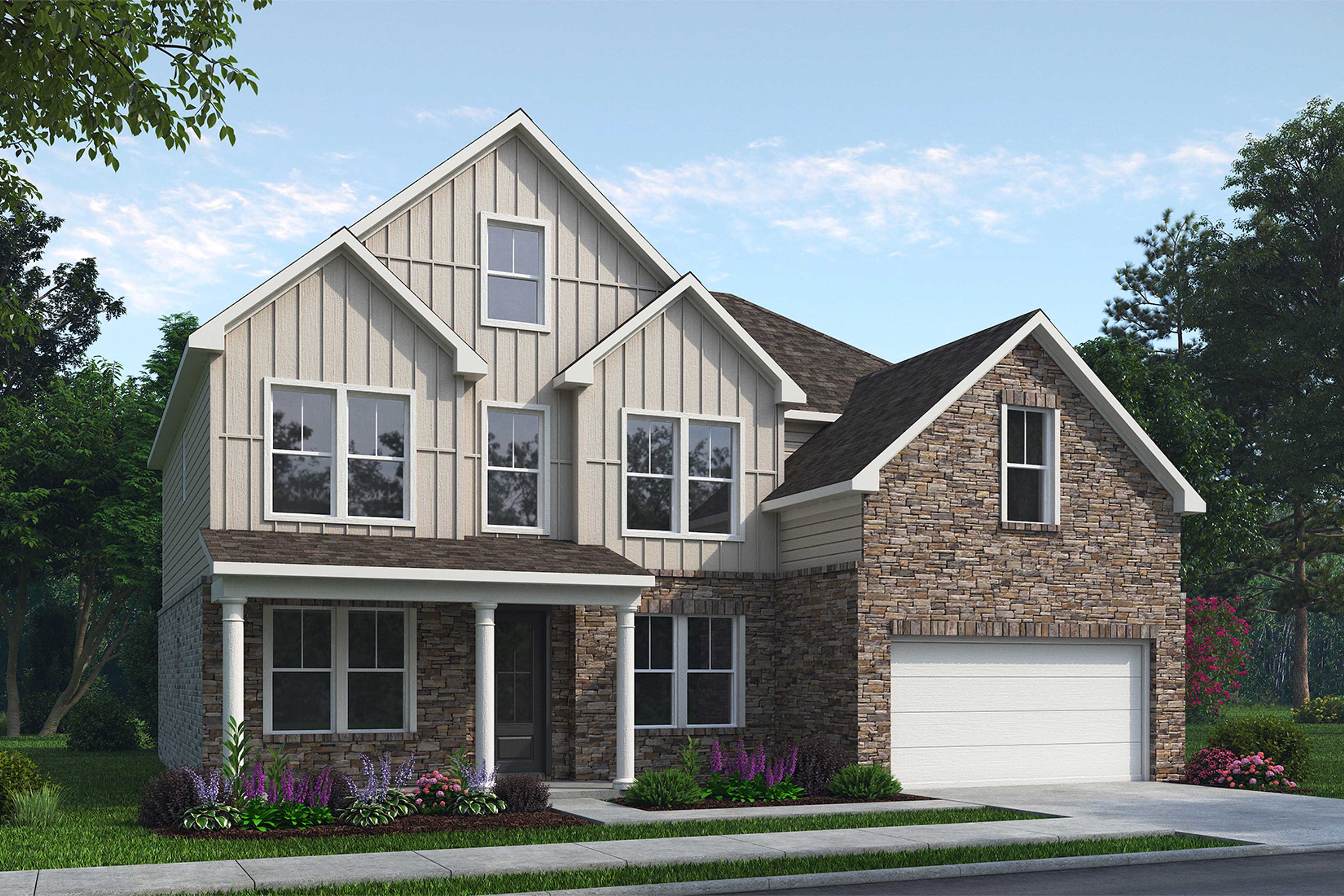 Modern two-story home exterior at Fern Hollow in Buford Georgia with covered porch brick accents and lush landscaping