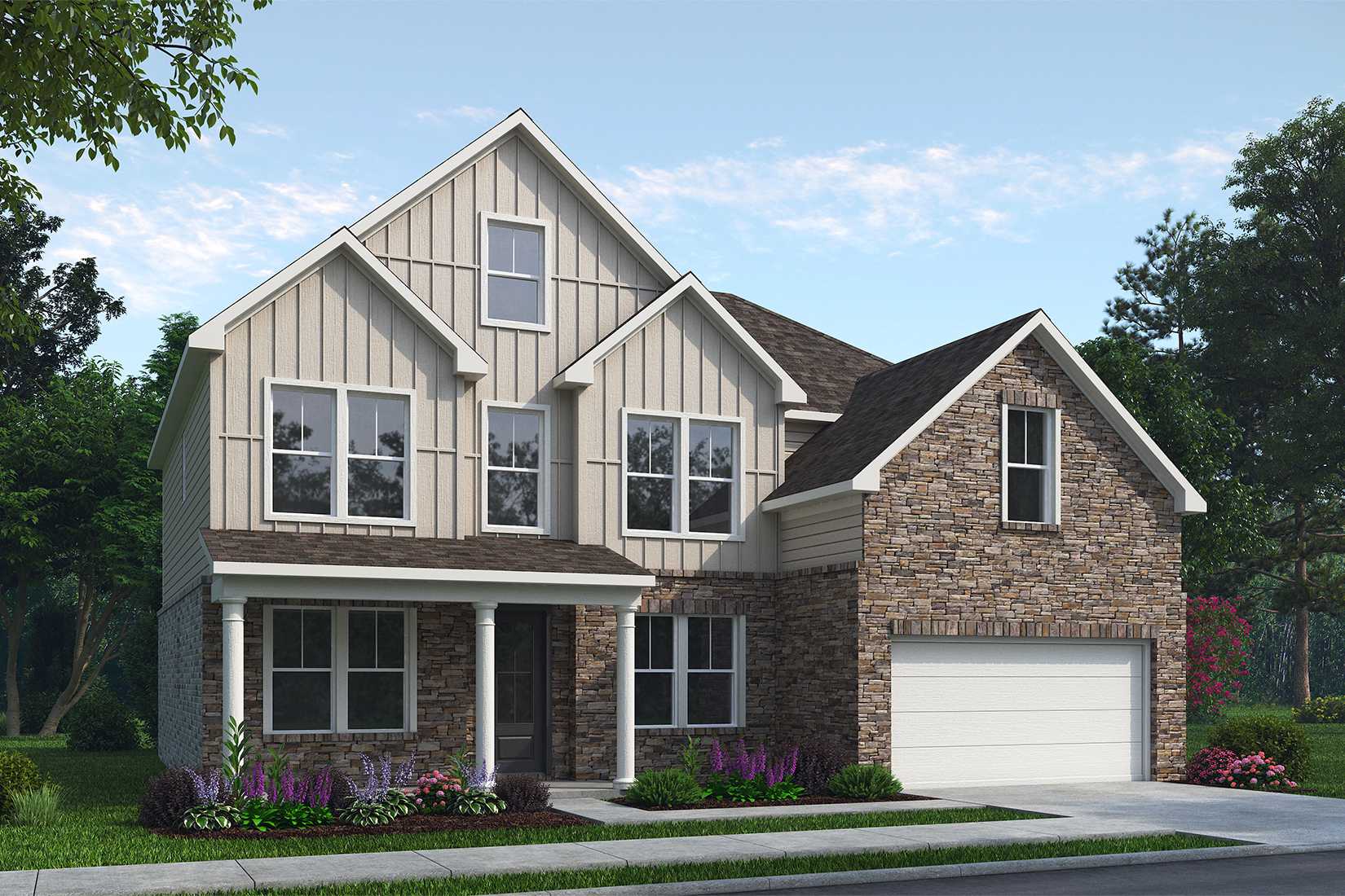 Two-story Danbury home elevation by Davidson Homes in Buford GA, featuring beige siding, brick accents, covered porch, and two-car garage
