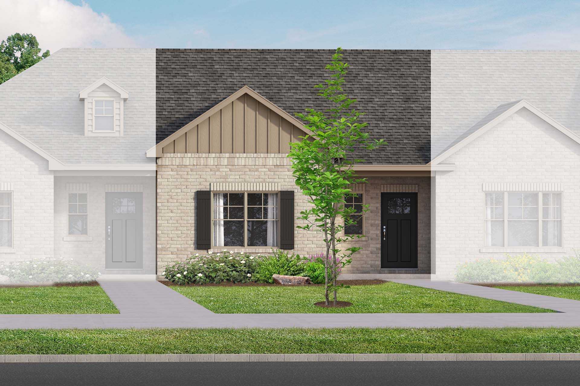The Camilla B multi-family home elevation: one-story brick facade, gabled roof, covered porch, young tree, and lush front yard in Hartselle AL