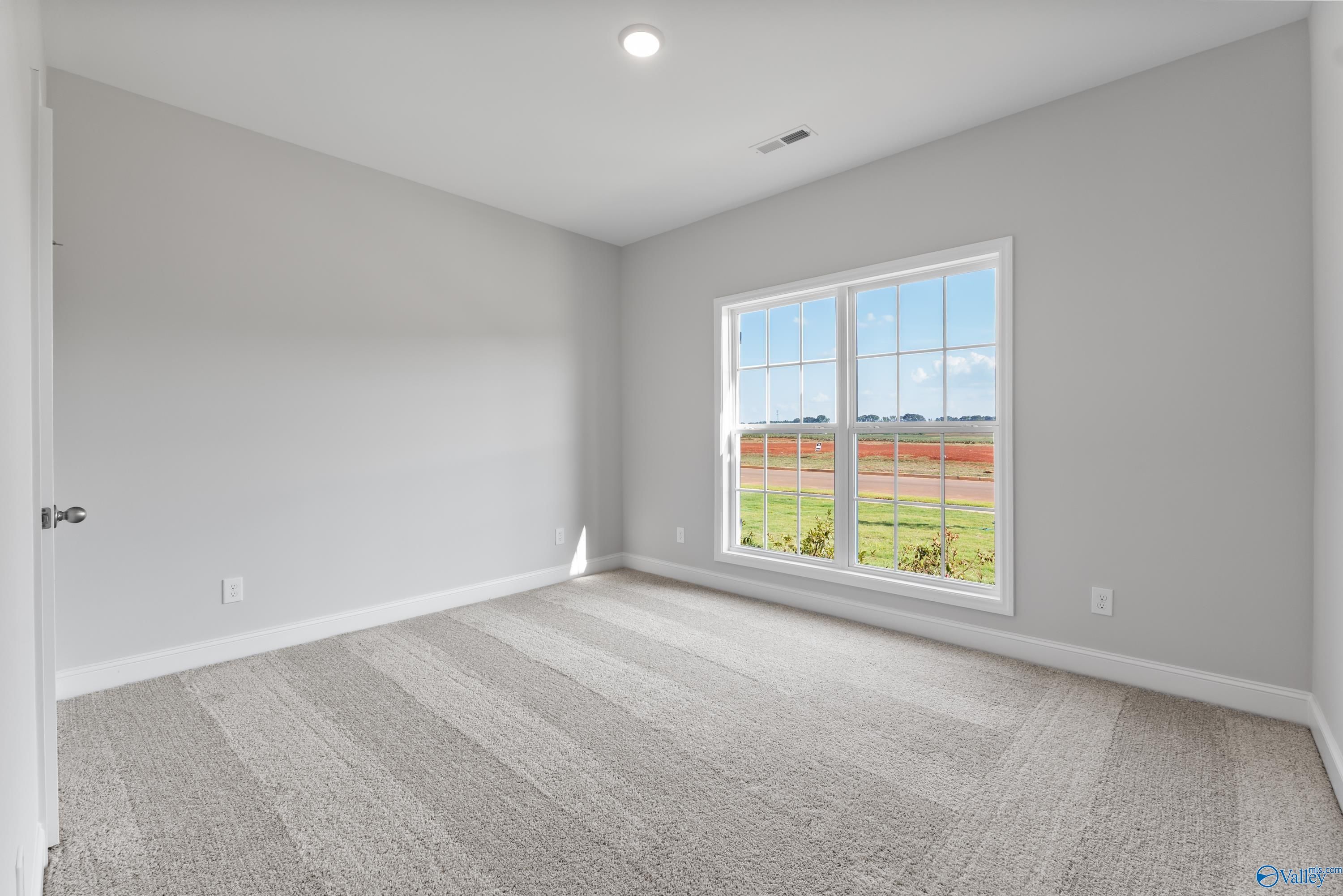 Bright secondary bedroom with gray walls, carpet floor, and large window view of fields in The Daphne home, Hazel Green, Alabama
