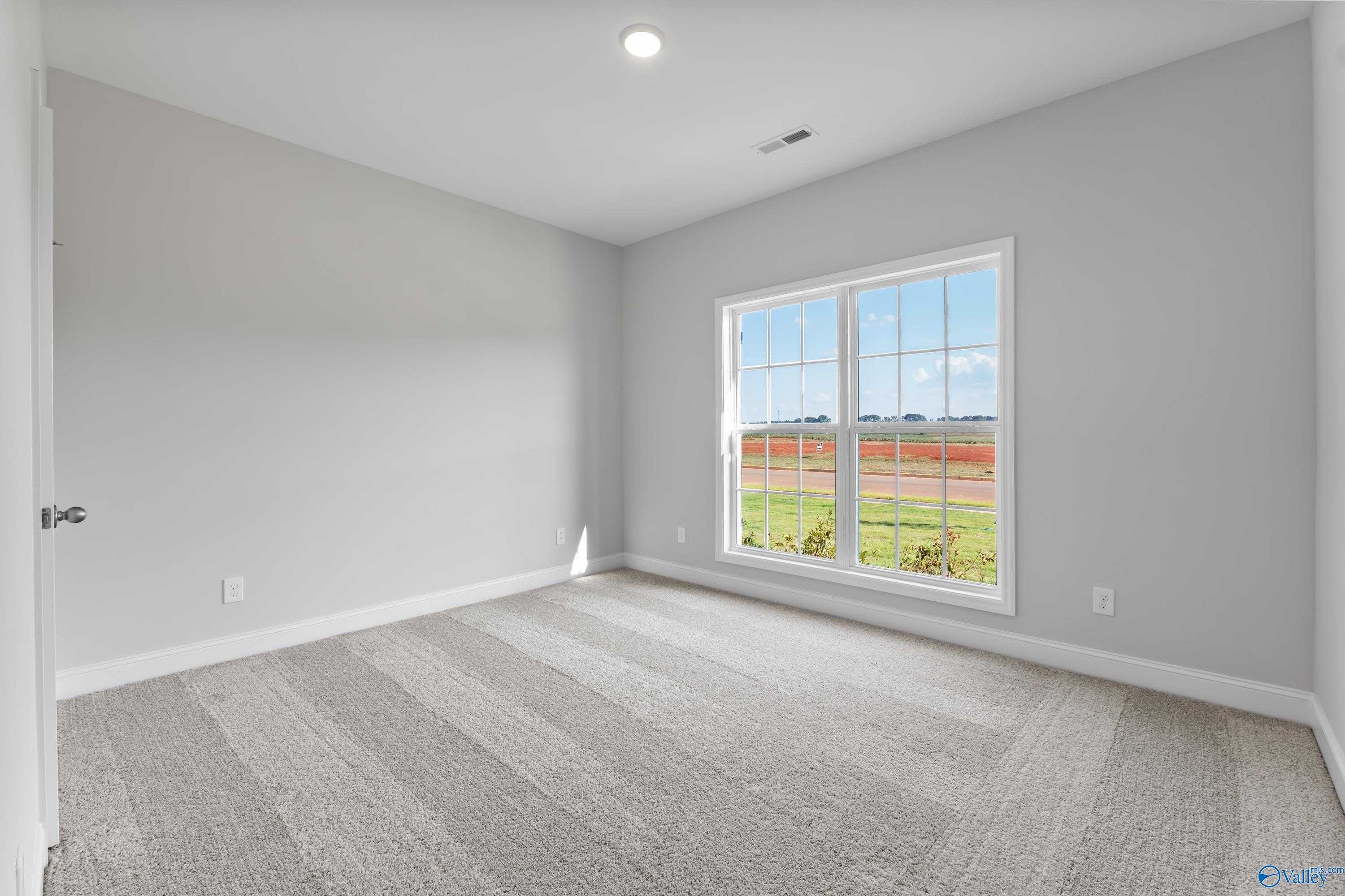 Bright secondary bedroom with gray walls, carpet floor, and large window view of fields in The Daphne home, Hazel Green, Alabama