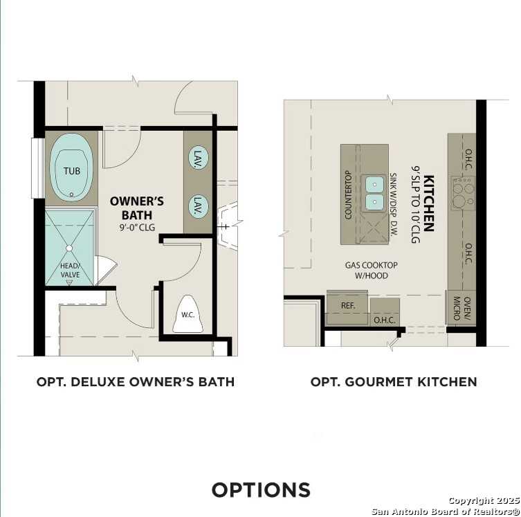 Deluxe owner's bath floor plan with soaking tub, walk-in shower, dual vanities; gourmet kitchen with island, gas cooktop in The Sequoia A, San Antonio