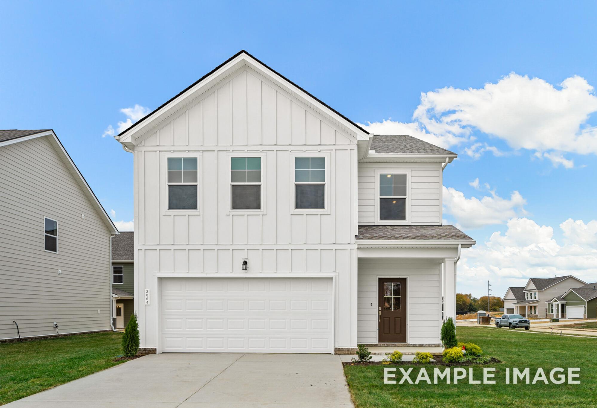 Two-story white Grayson A home elevation with board-and-batten siding, two-car garage, and front porch in White House, TN