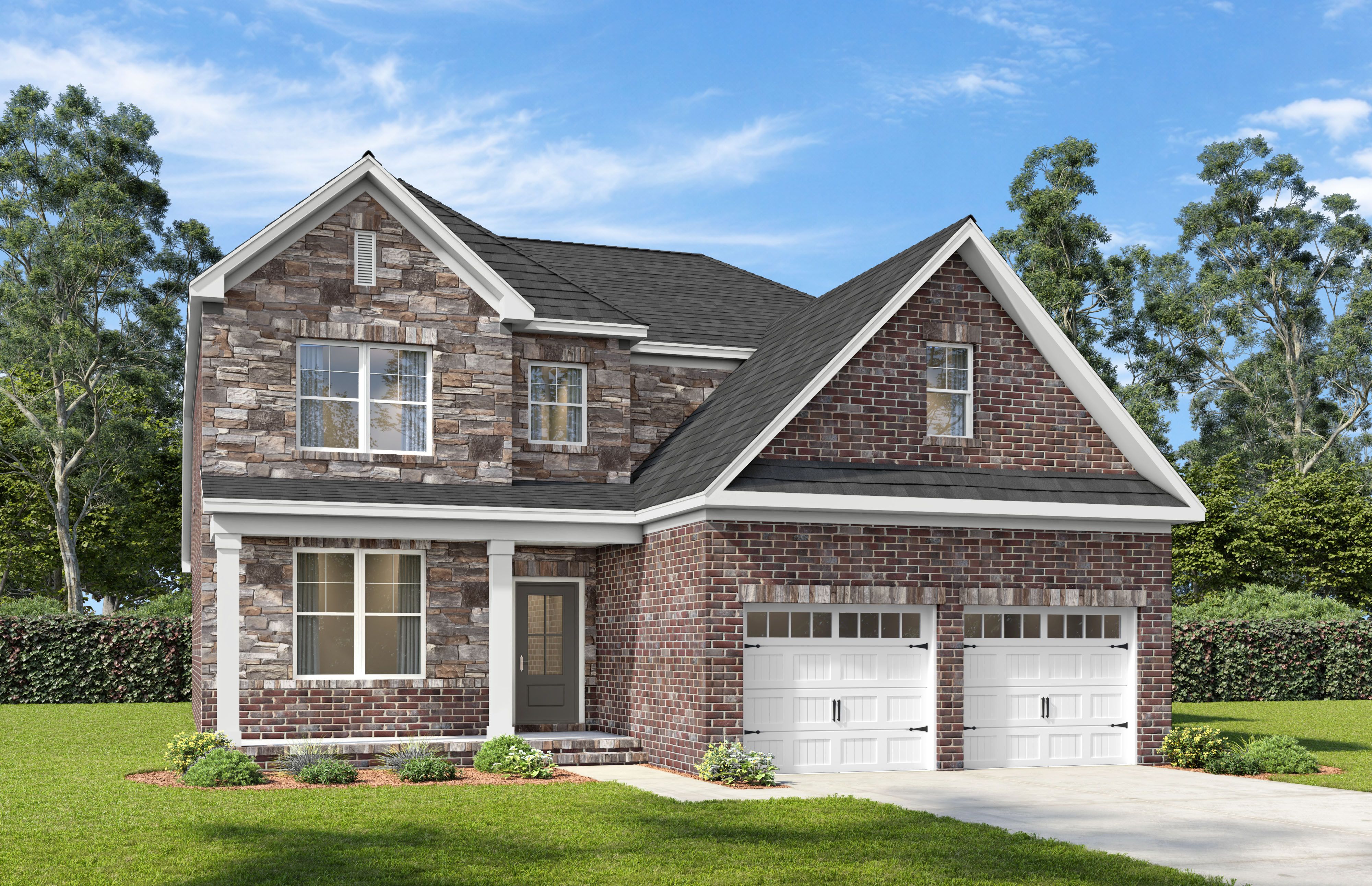 Two-story stone and brick exterior elevation of The Ash C-BF home design featuring a two-car garage and classic gable rooflines.