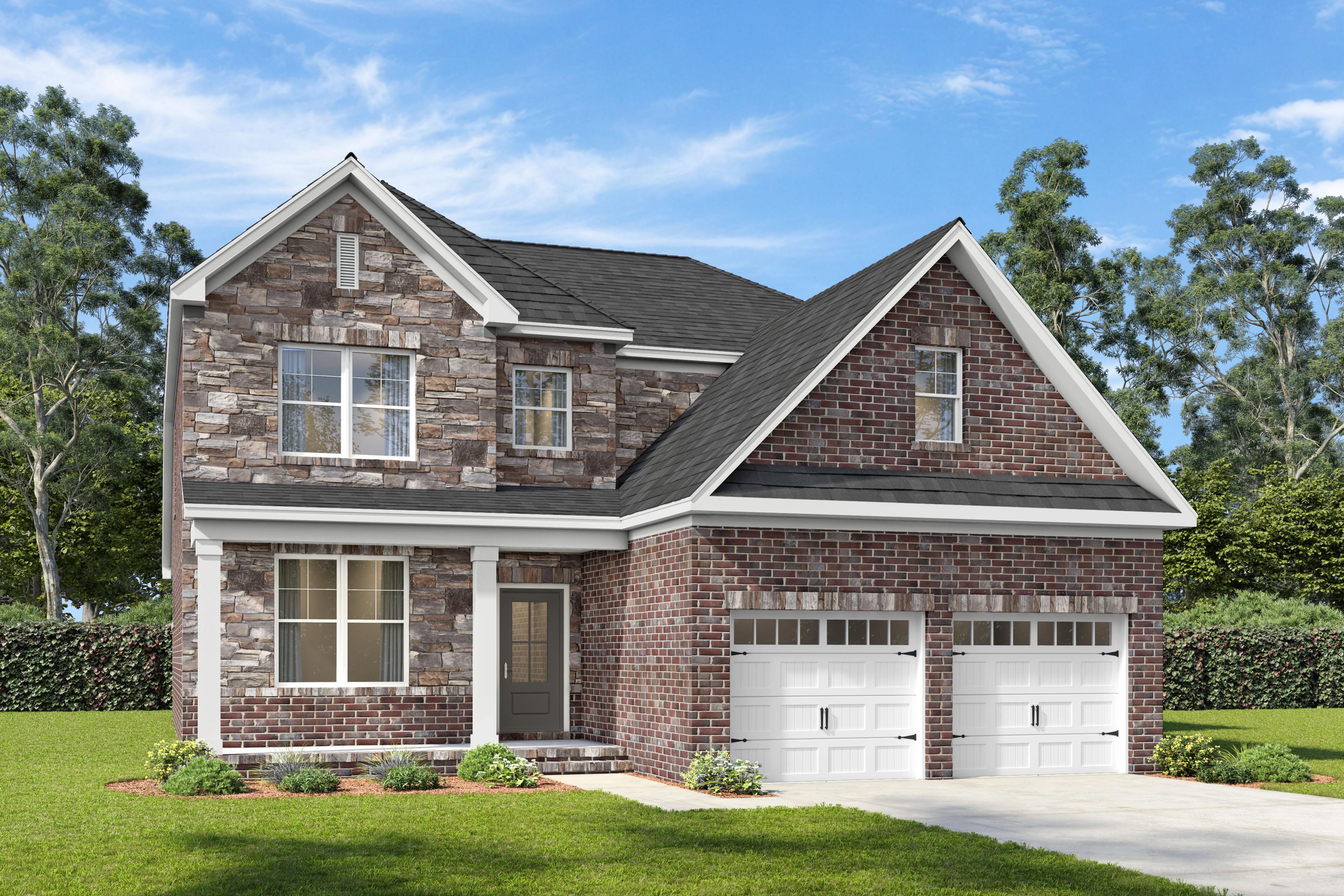 Two-story stone and brick exterior elevation of The Ash C-BF home design featuring a two-car garage and classic gable rooflines.