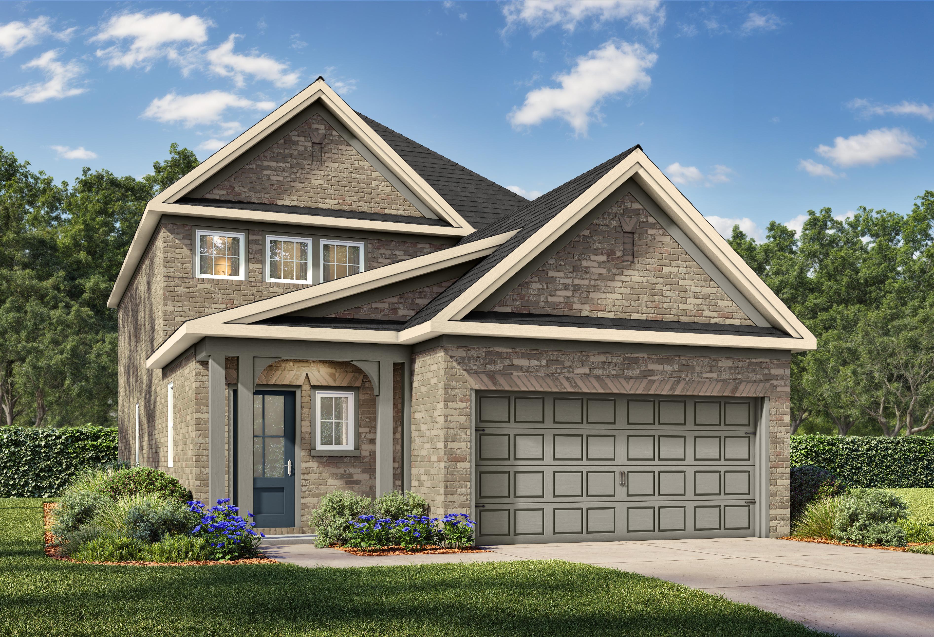 Two-story San Marcos home design in San Antonio featuring a classic brick exterior and a spacious 2-car garage.