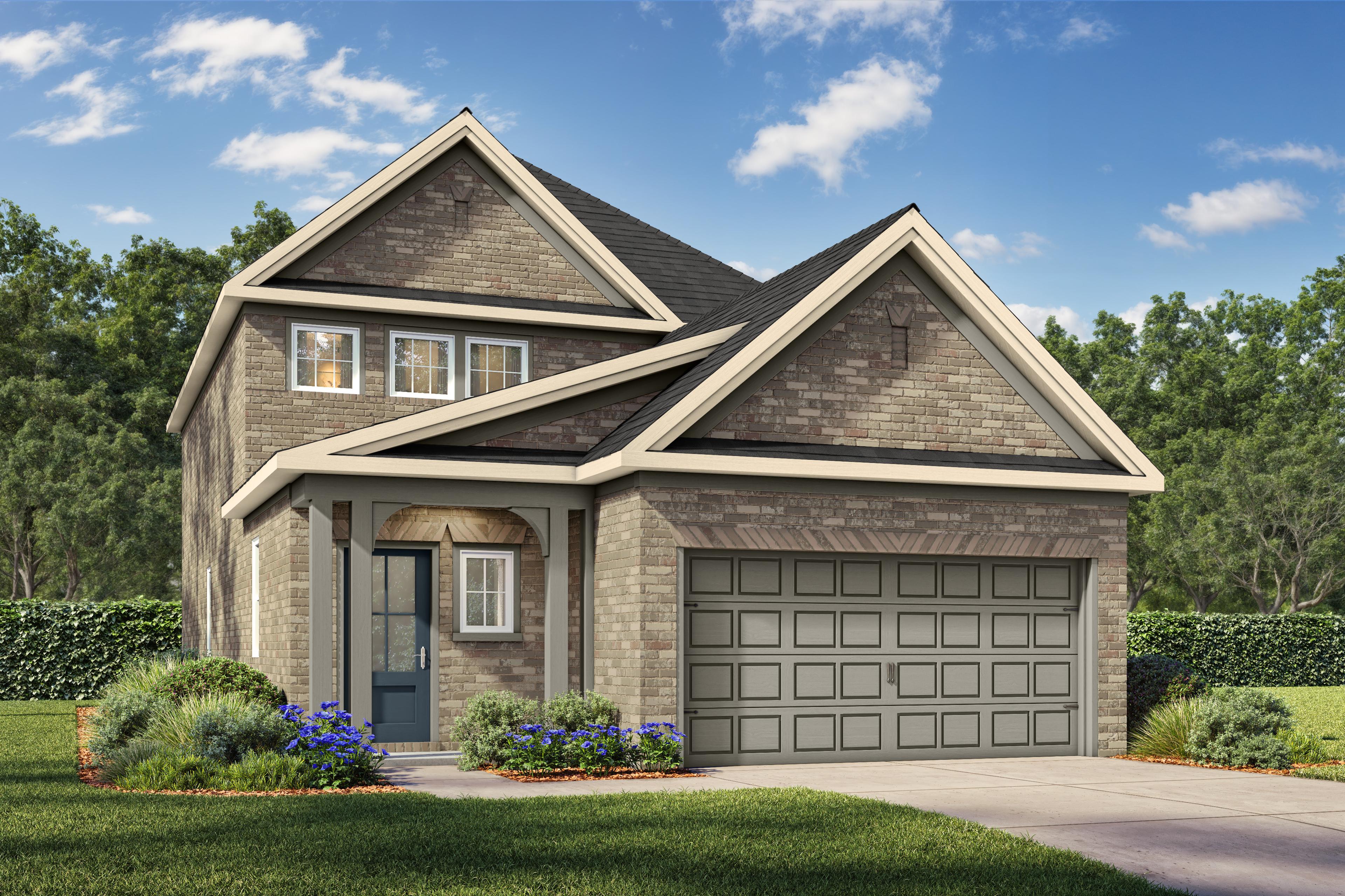 Two-story San Marcos home design in San Antonio featuring a classic brick exterior and a spacious 2-car garage.